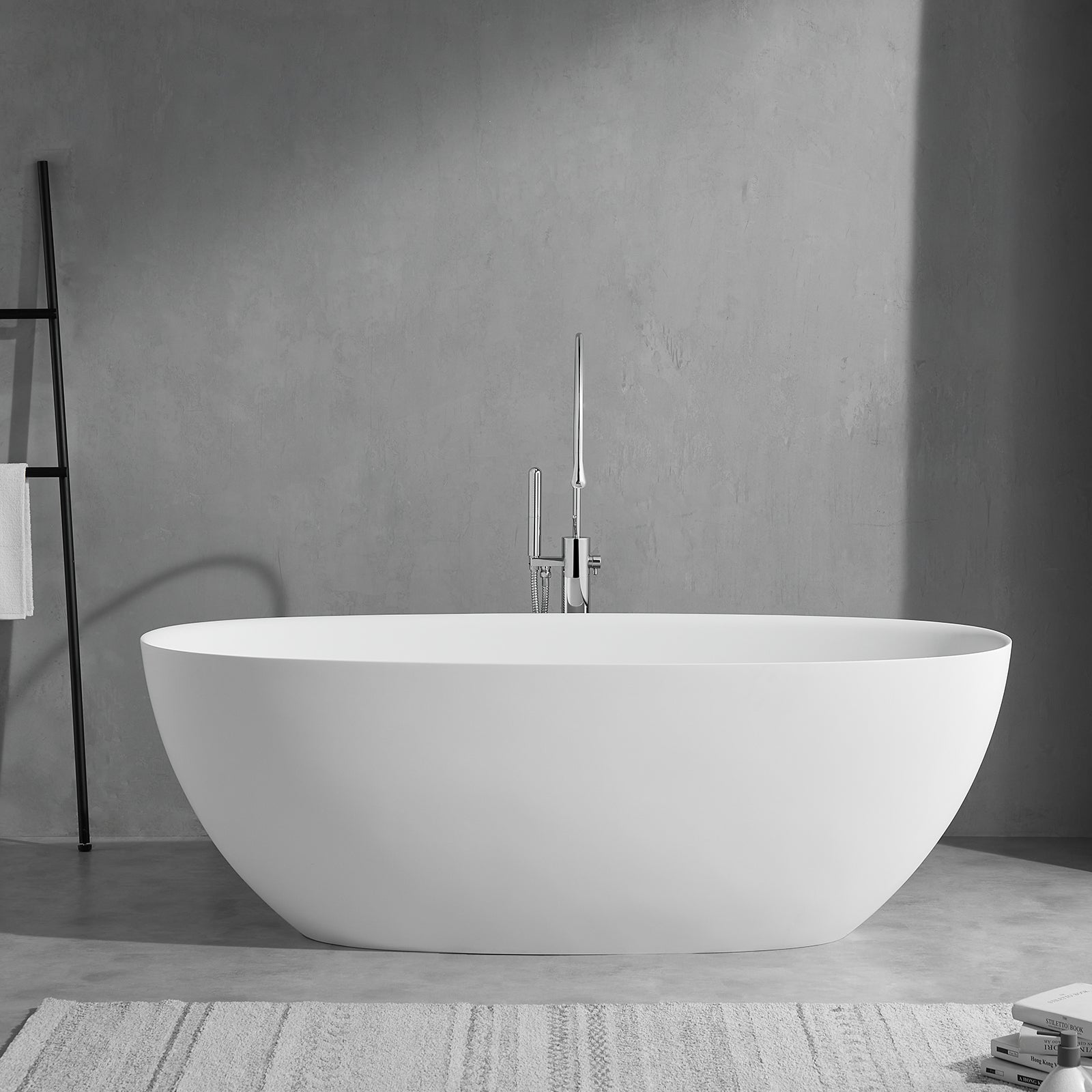 65'' Solid Surface Stone Resin Modern Oval Shaped Freestanding Soaking Bathtub with Overflow