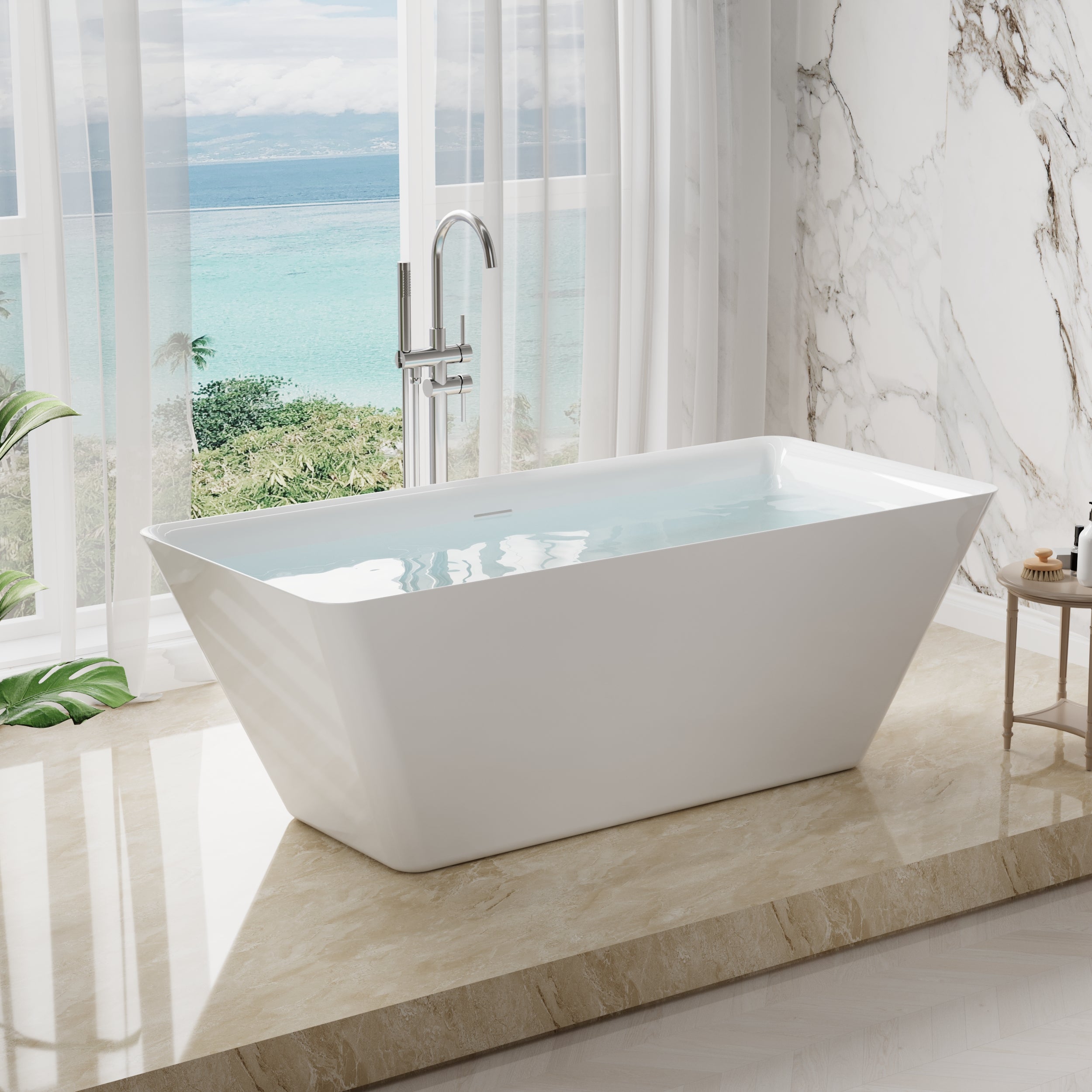 66" Freestanding Glossy White Acrylic Bathtub with Overflow and Drain