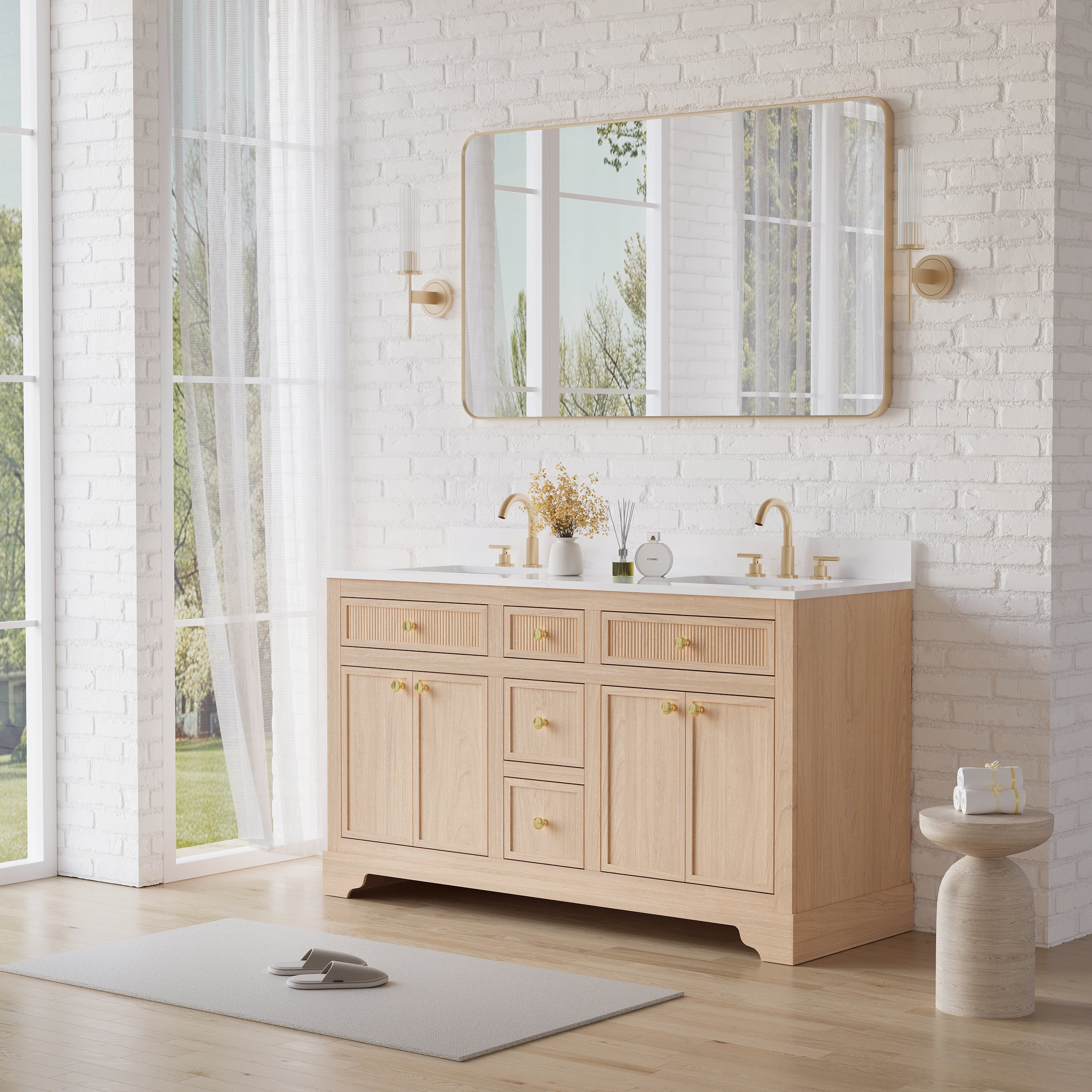 60-Inch Light Wood Freestanding Bathroom Vanity with Carrera White Top Sink