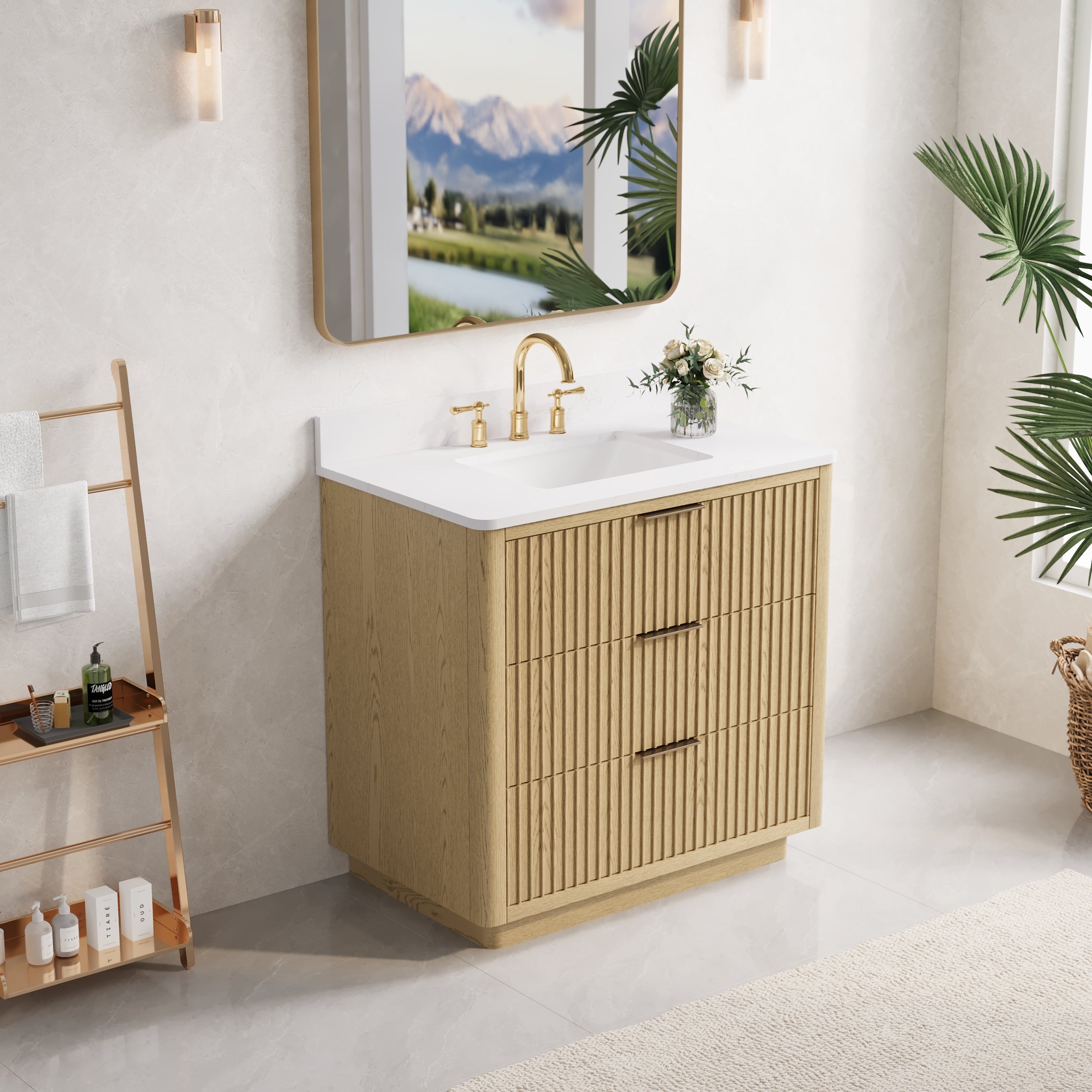 36 in. Oak Freestanding Solid Wood Bathroom Vanity with White Quartz Countertop