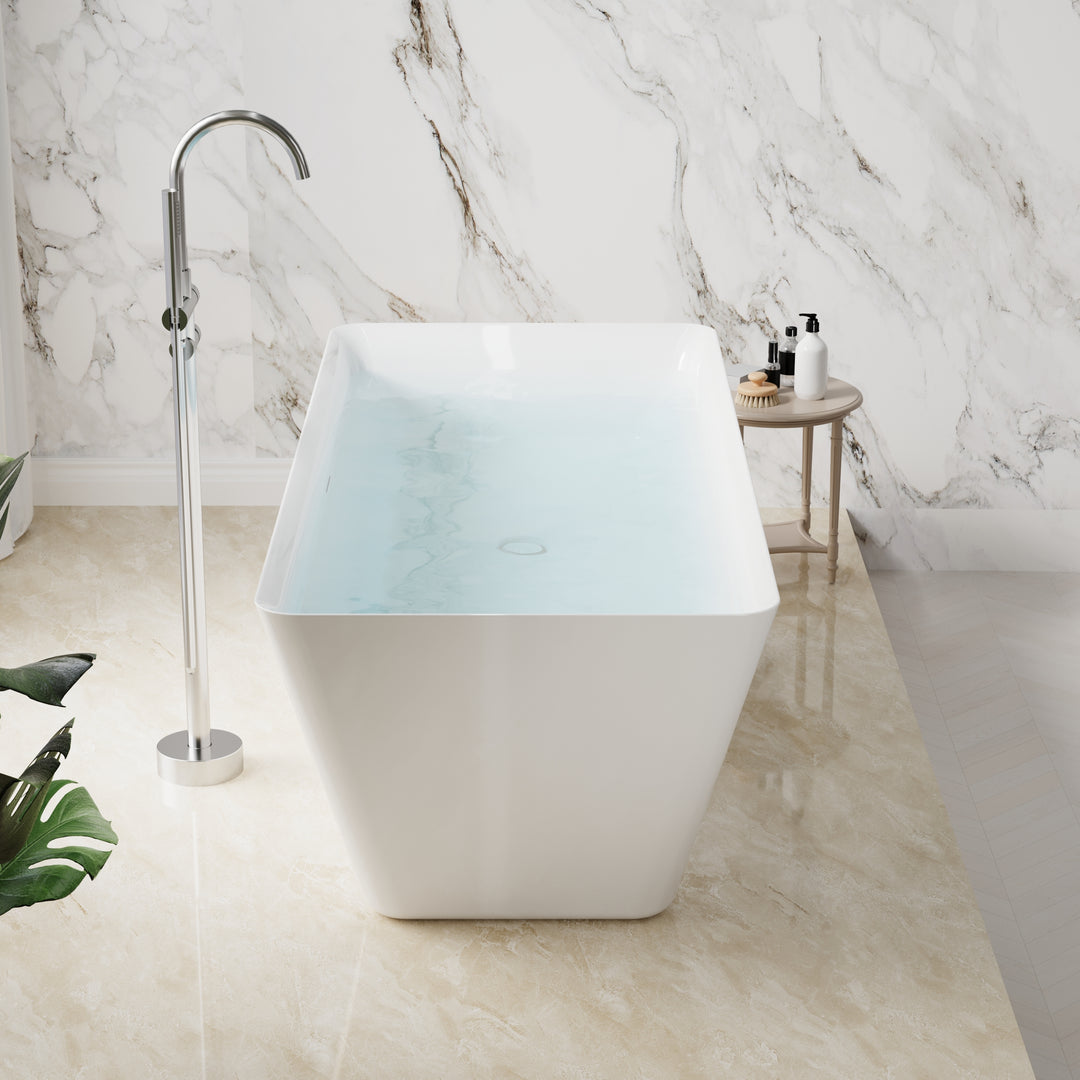 66" Freestanding Glossy White Acrylic Bathtub with Overflow and Drain