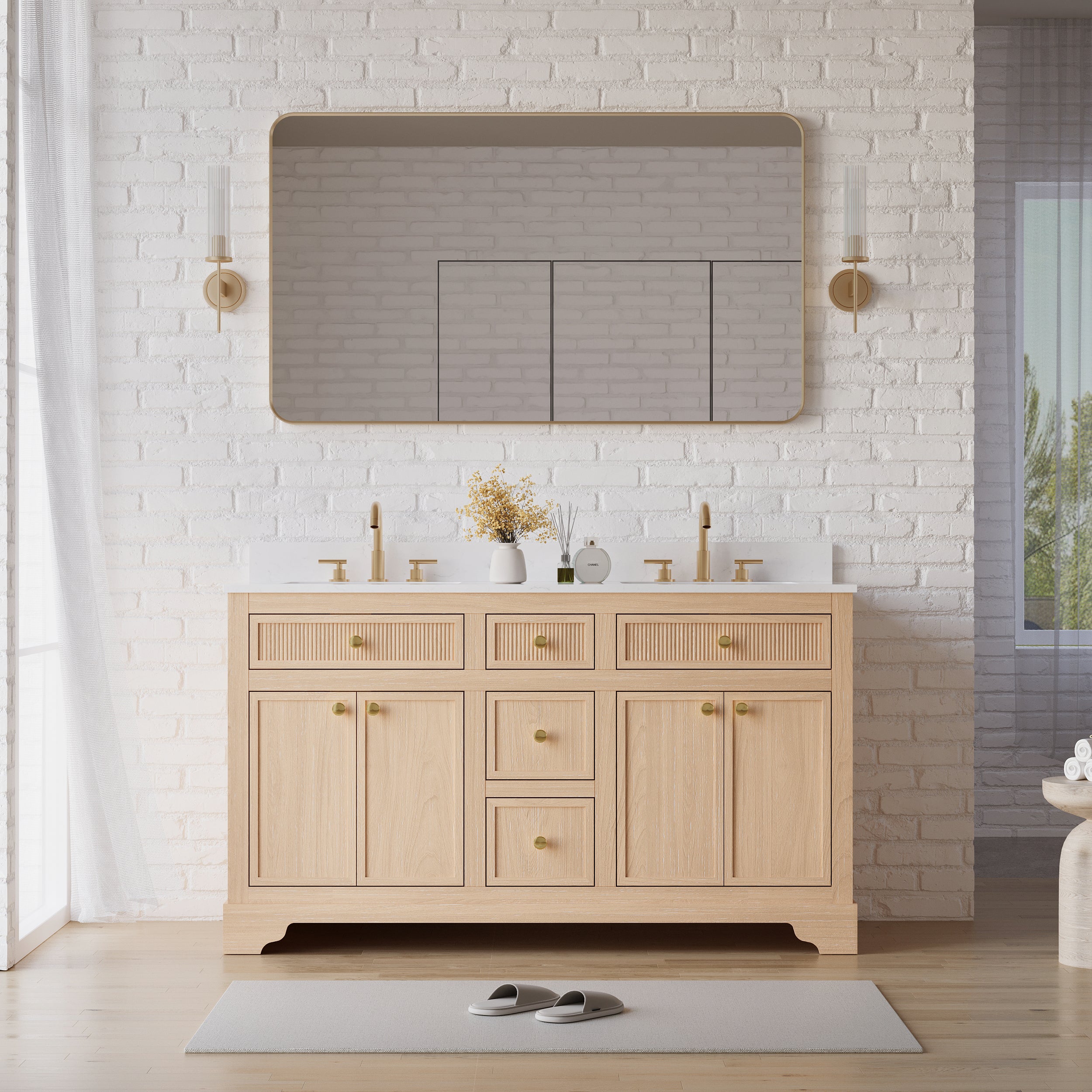 60-Inch Light Wood Freestanding Bathroom Vanity with Carrera White Top Sink