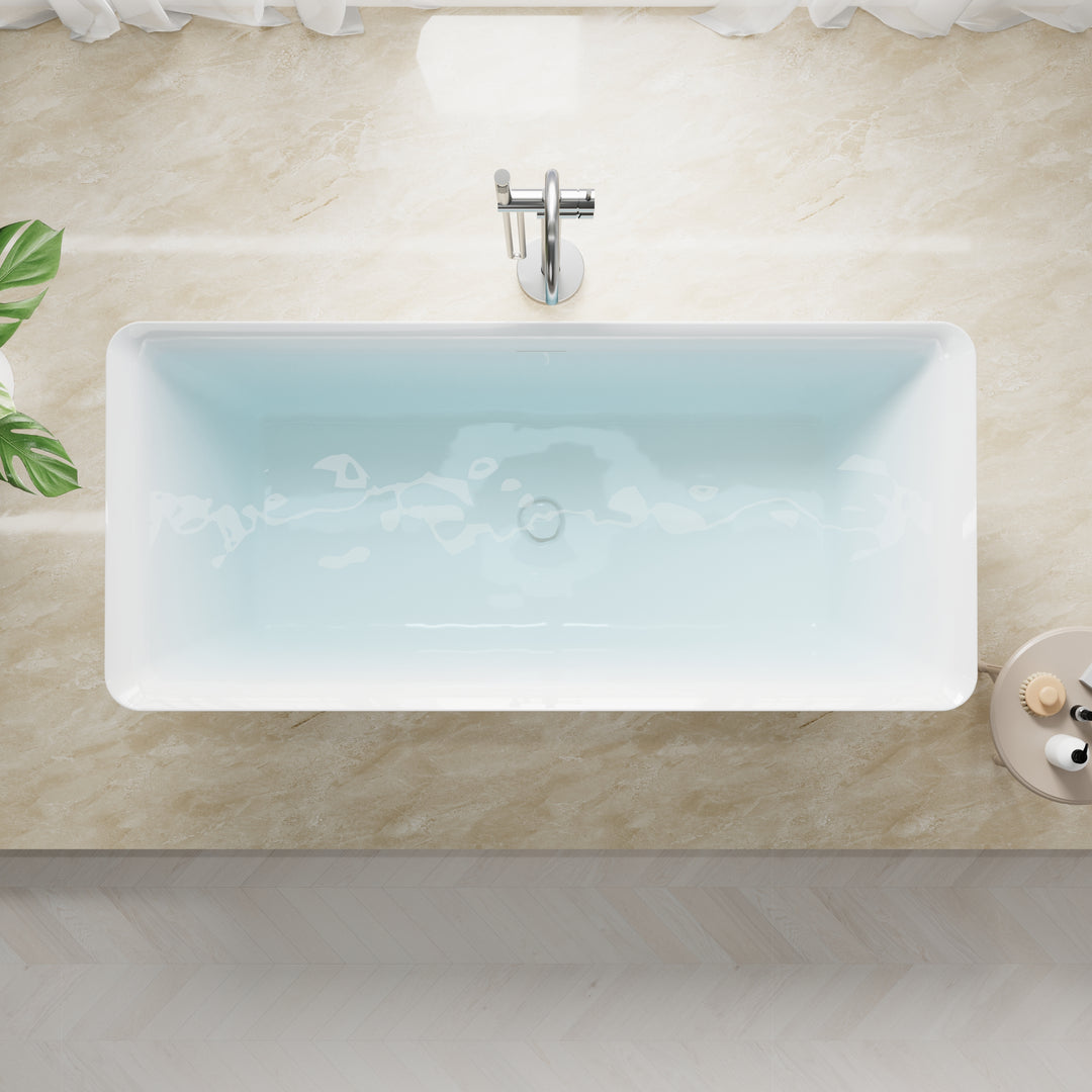 66" Freestanding Glossy White Acrylic Bathtub with Overflow and Drain