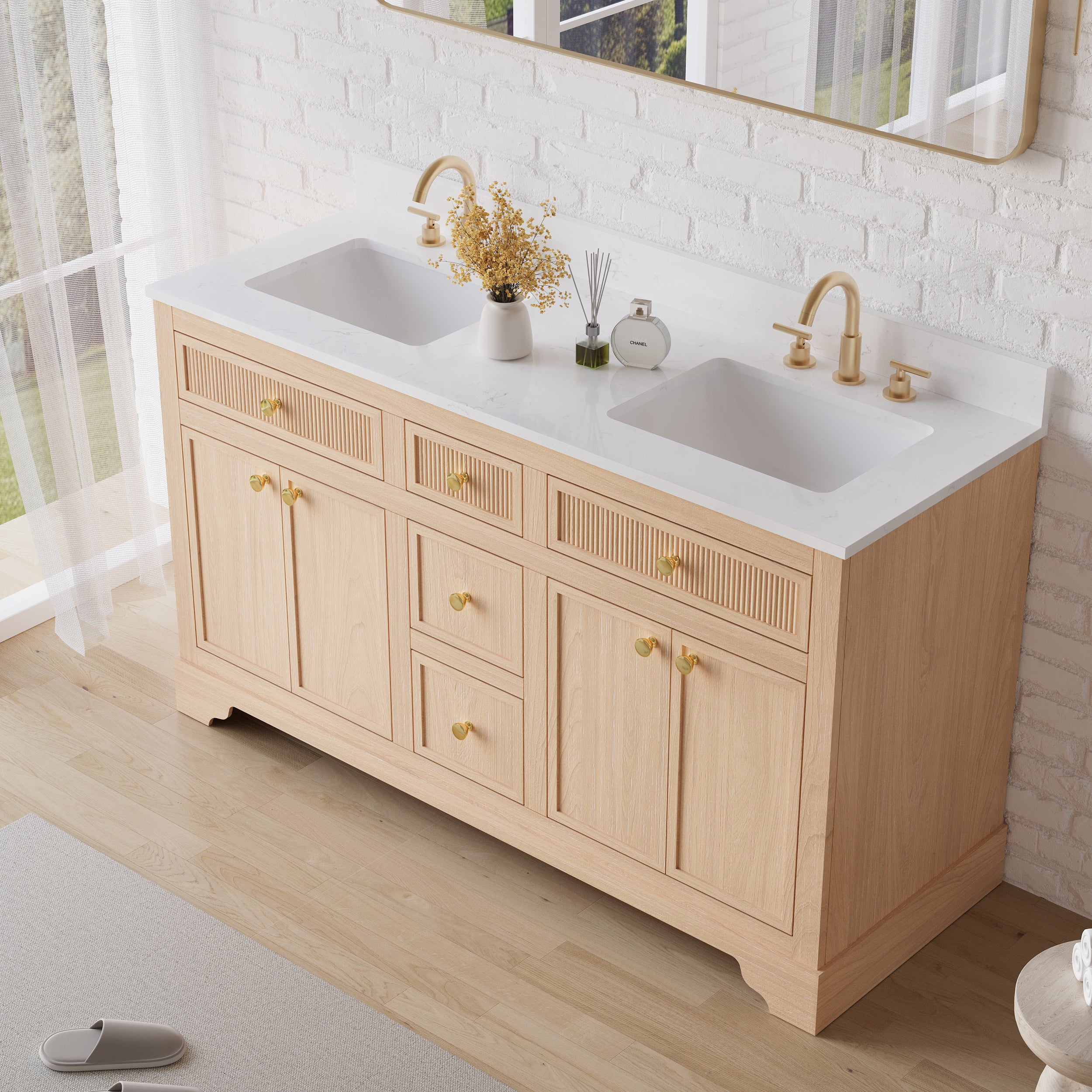 60-Inch Freestanding Bathroom Vanity with Carrera White Top Sink-LIGHT WOOD