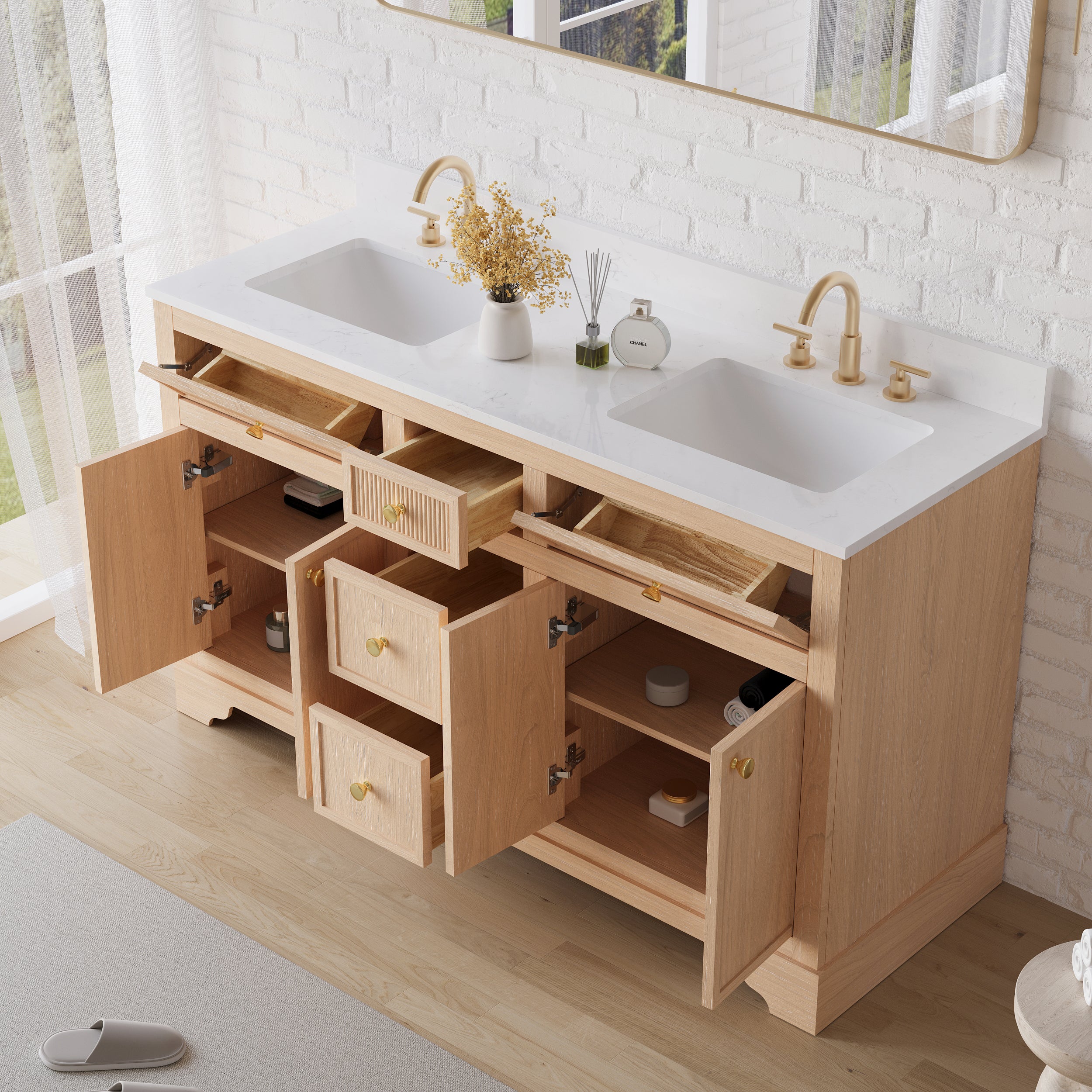 60-Inch Freestanding Bathroom Vanity with Carrera White Top Sink-LIGHT WOOD