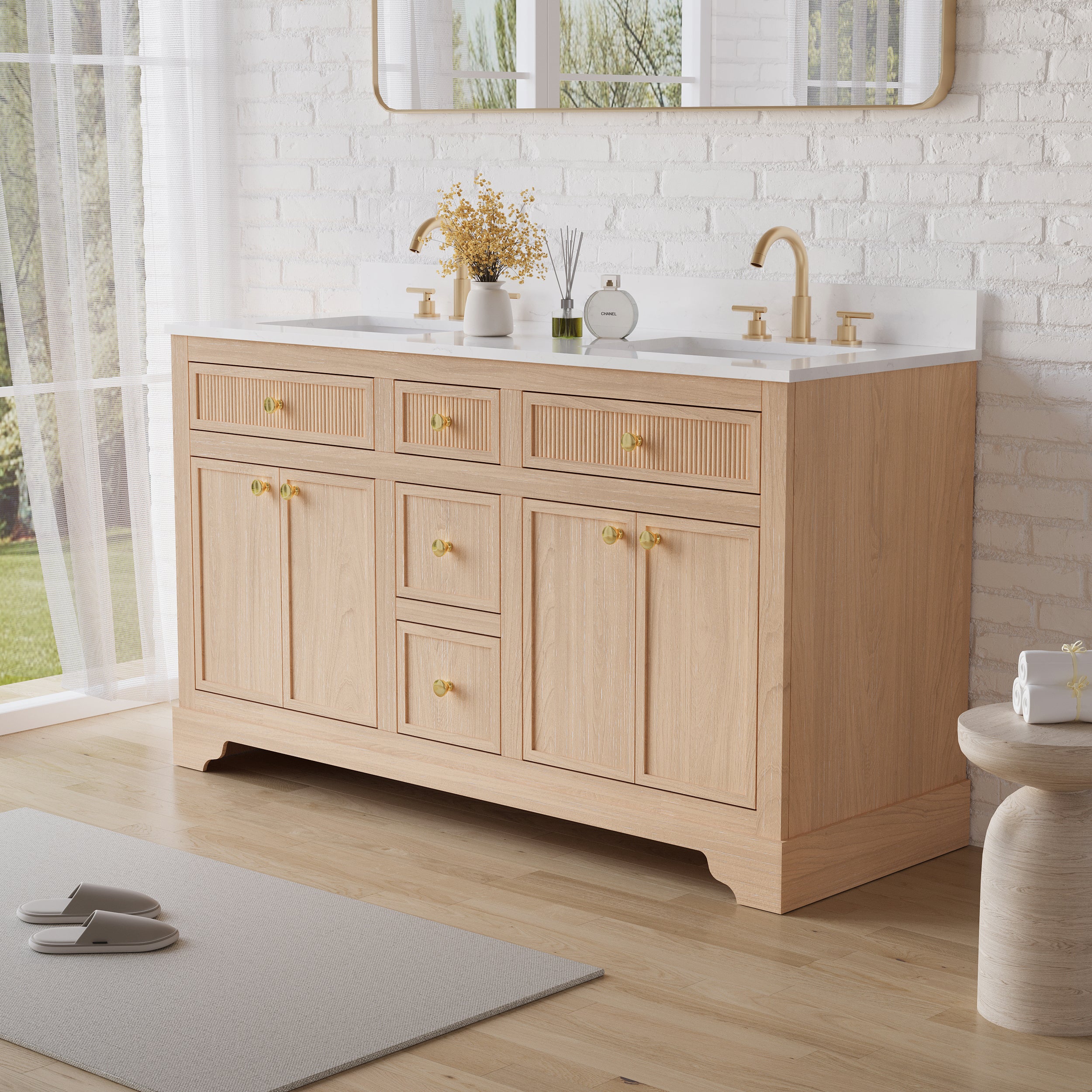 60-Inch Light Wood Freestanding Bathroom Vanity with Carrera White Top Sink