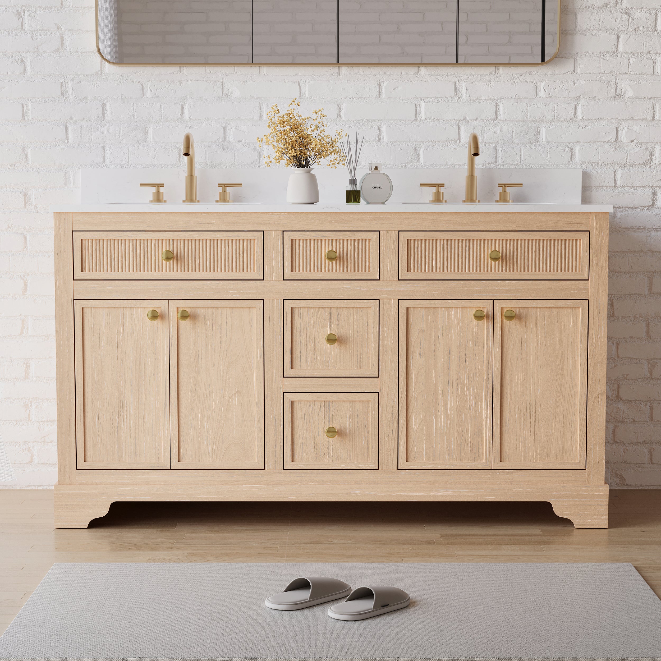 60-Inch Freestanding Bathroom Vanity with Carrera White Top Sink-LIGHT WOOD