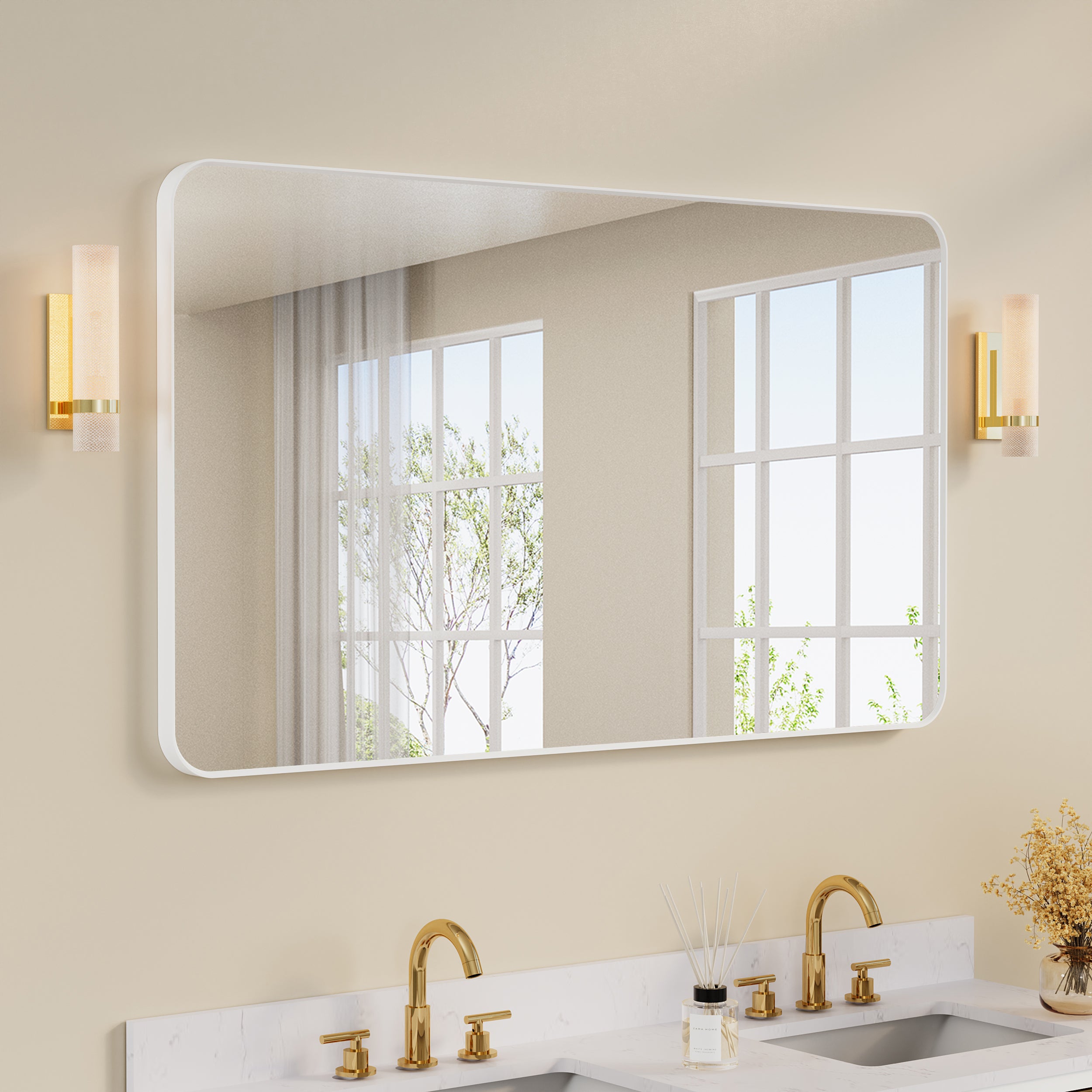 55-in W x 32-in H White Rectangular Framed Bathroom Vanity Mirror