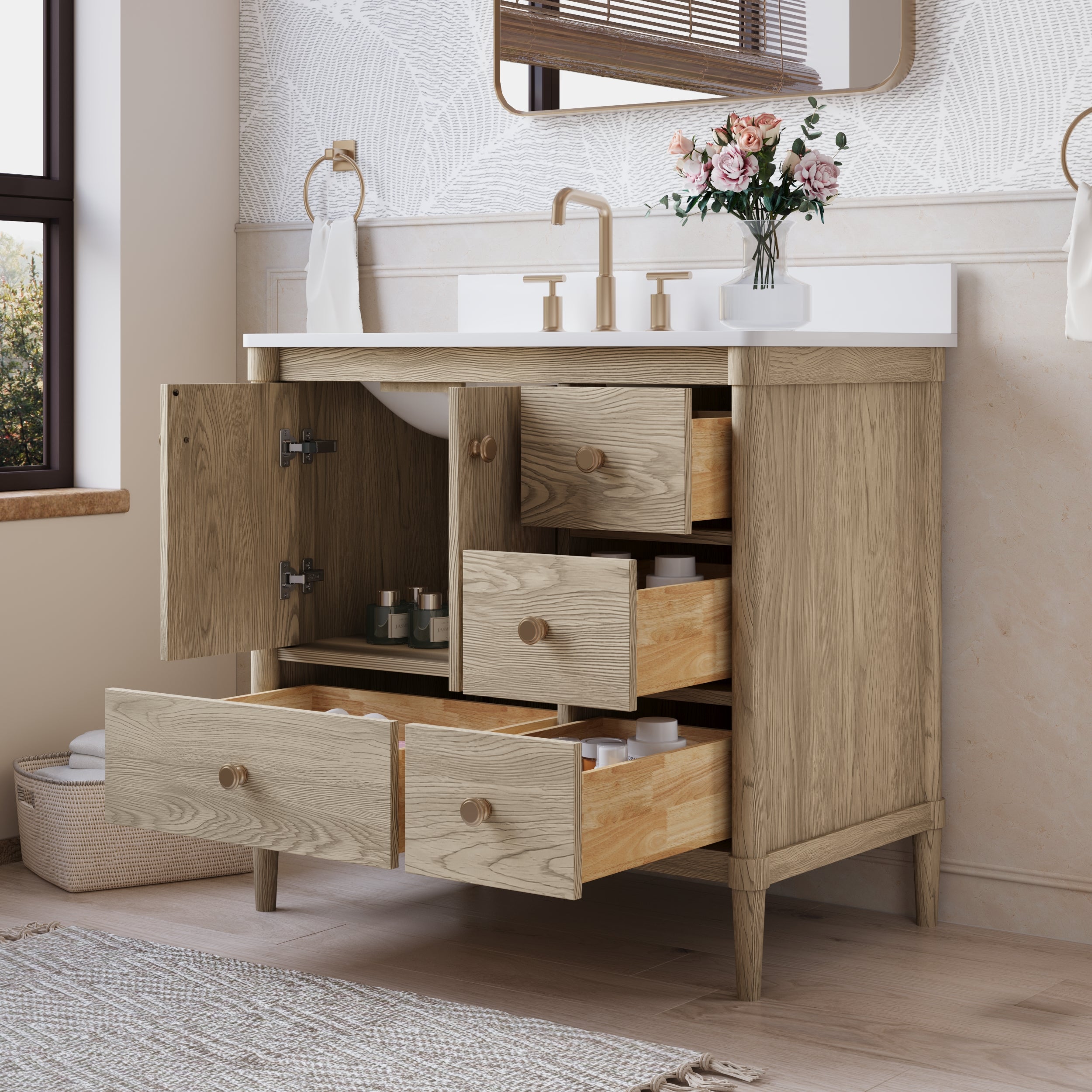 36-Inch Freestanding Oak Bathroom Vanity with White Quartz Top Sink