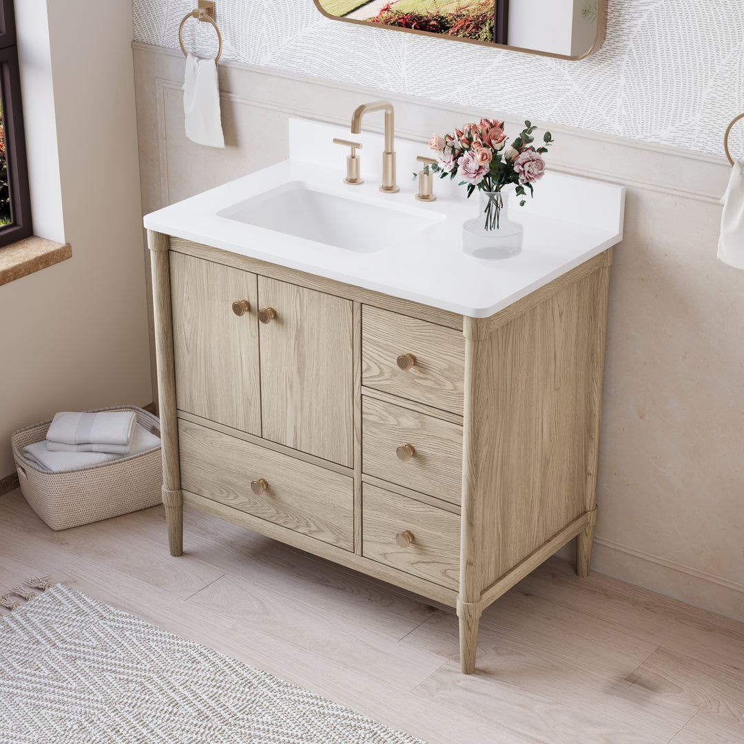 36-Inch Freestanding Oak Bathroom Vanity with White Quartz Top Sink