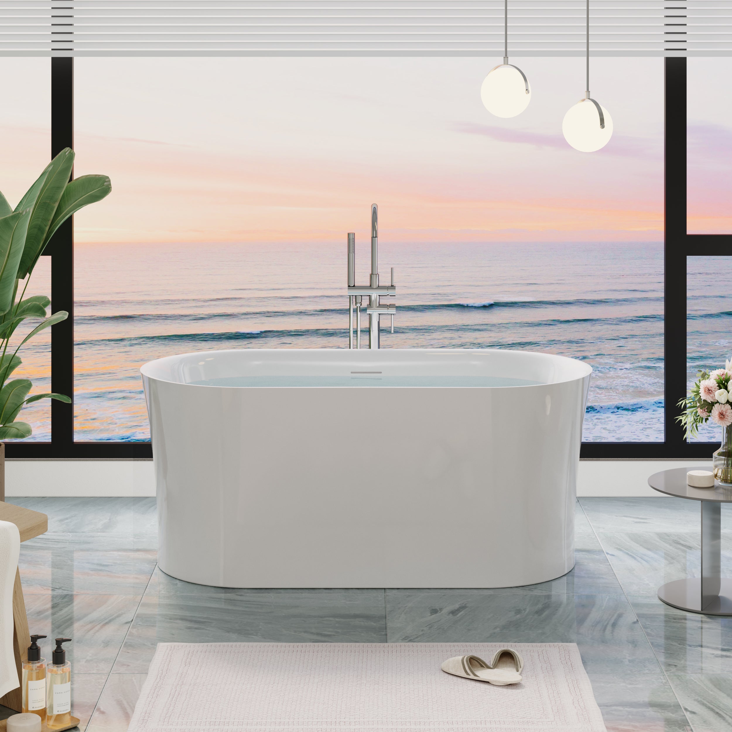 59" Acrylic Freestanding Soaking Bathtub in White with Overflow and Drain