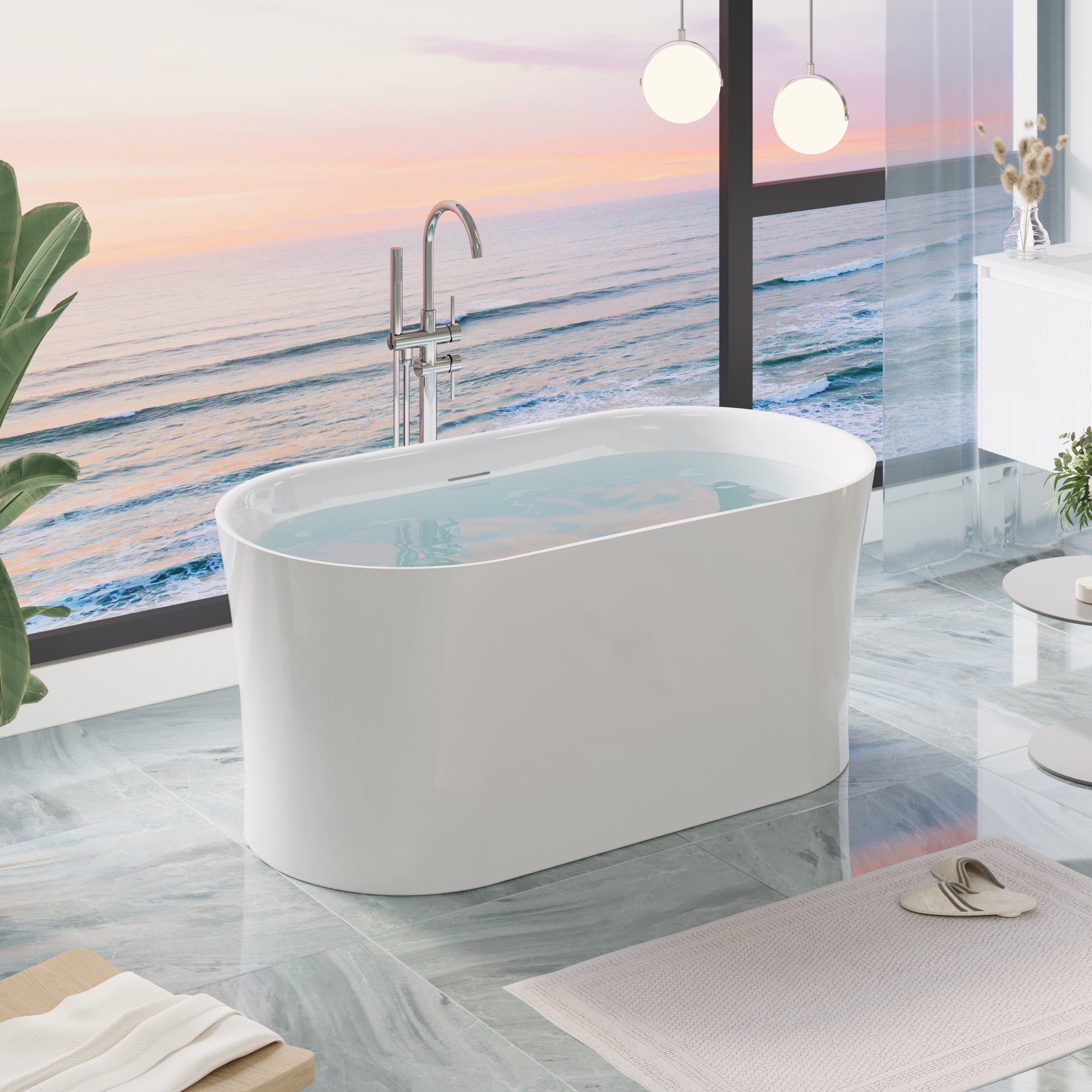 59" Acrylic Freestanding Soaking Bathtub in White with Overflow and Drain