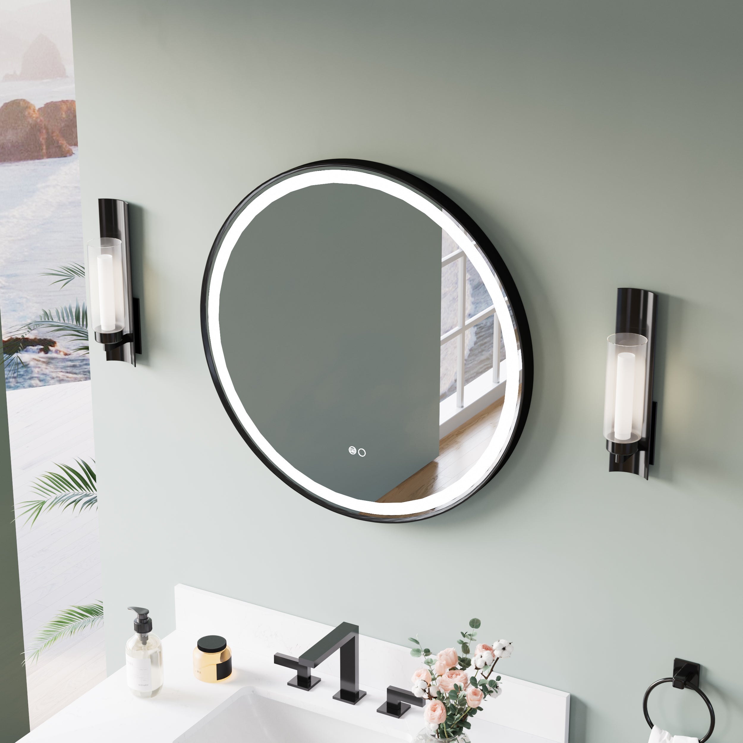 28 in. W x 28 in. H Matte Black Framed Round LED Light Bathroom Vanity Mirror