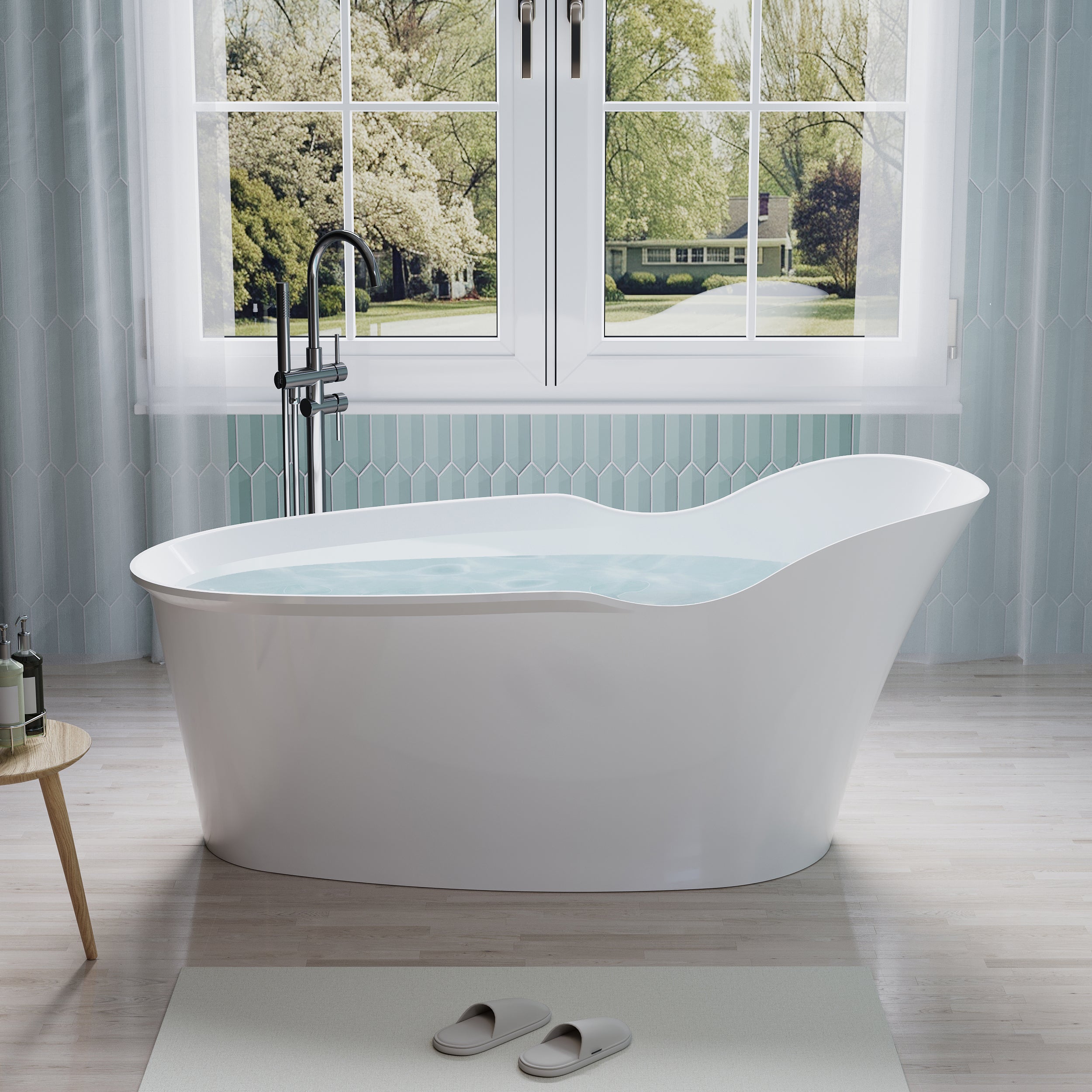 66" Freestanding Acrylic Bathtub Glossy White with Overflow and Drainage