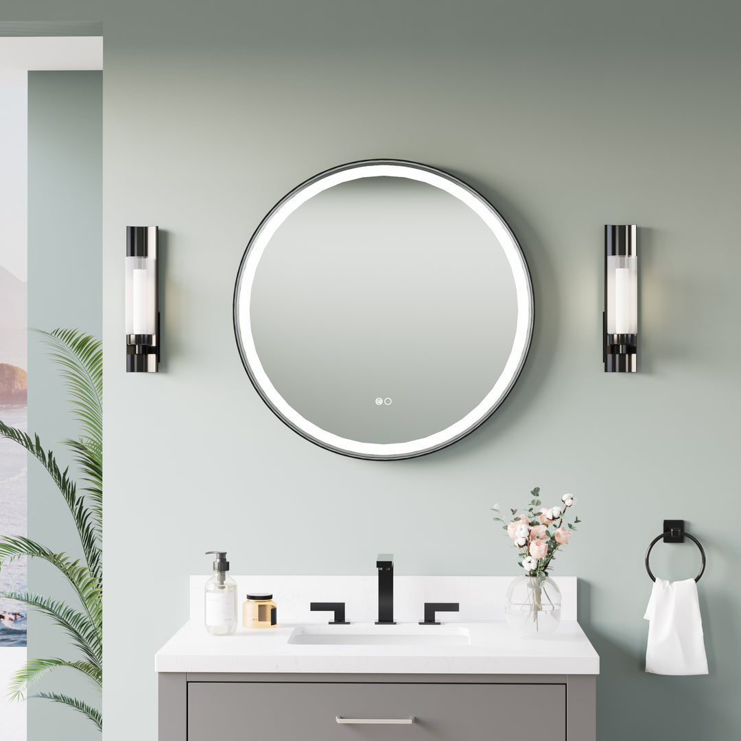 28 in. W x 28 in. H Matte Black Framed Round LED Light Bathroom Vanity Mirror