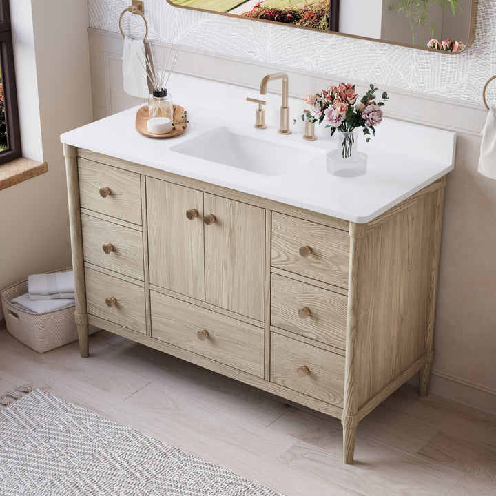 48-Inch Freestanding Oak Bathroom Vanity with White Quartz Top Sink