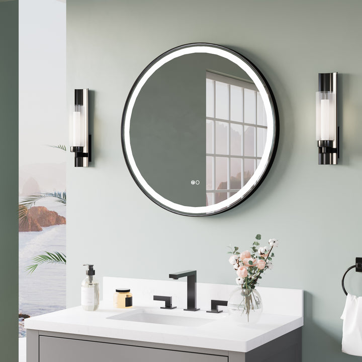 28 in. W x 28 in. H Matte Black Framed Round LED Light Bathroom Vanity Mirror