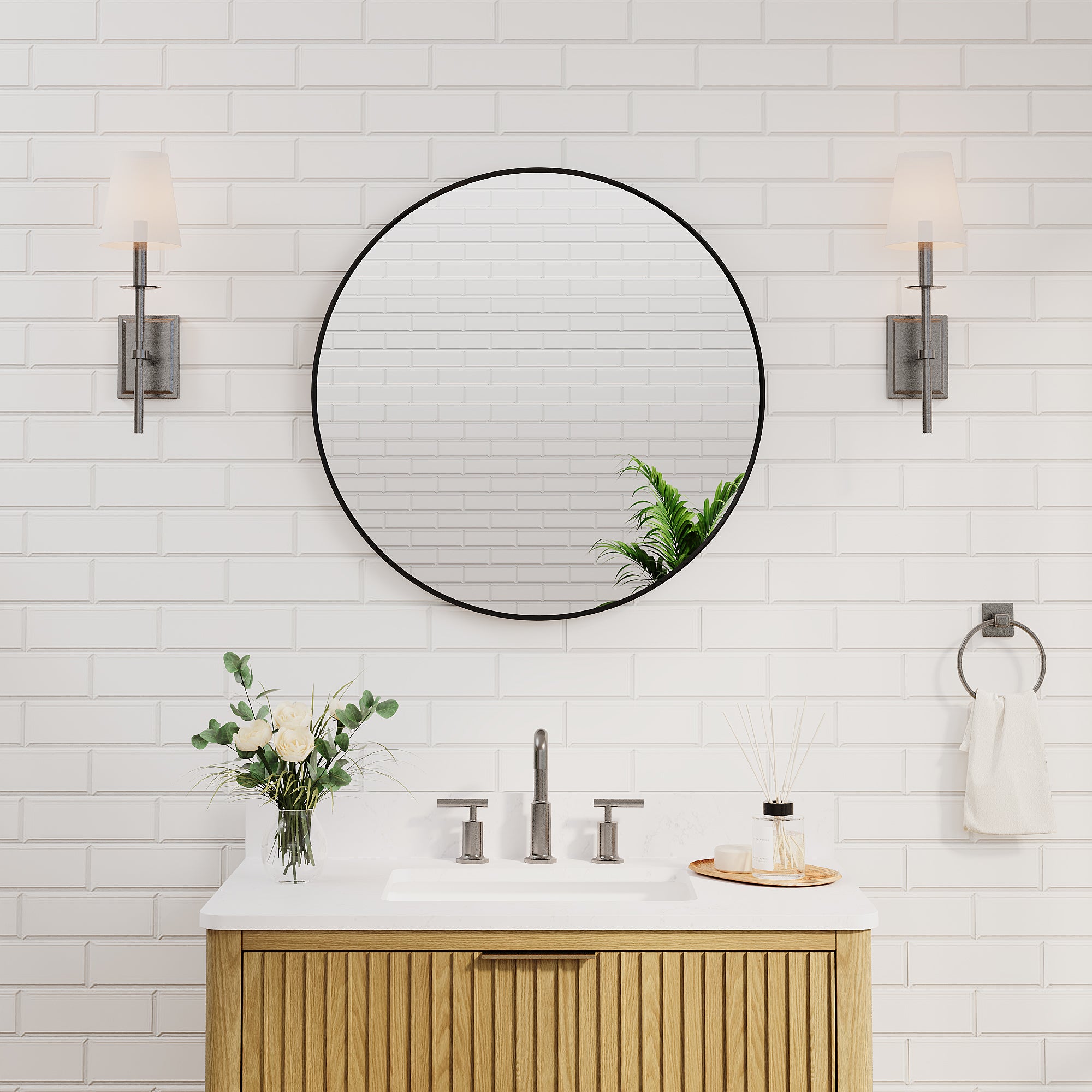 28 in. W x 28 in. H Black Modern Bathroom Mirror Round Framed Aluminum Wall Mirror