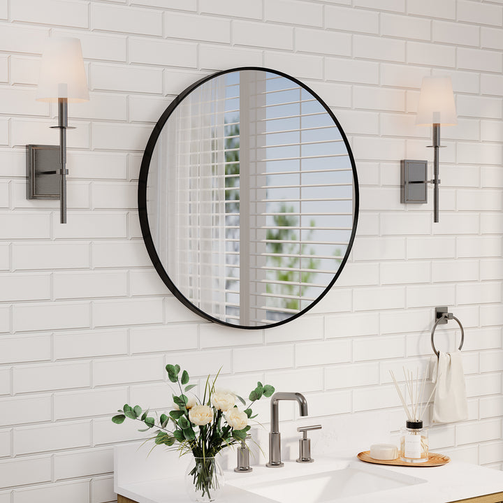 28 in. W x 28 in. H Black Modern Bathroom Mirror Round Framed Aluminum Wall Mirror