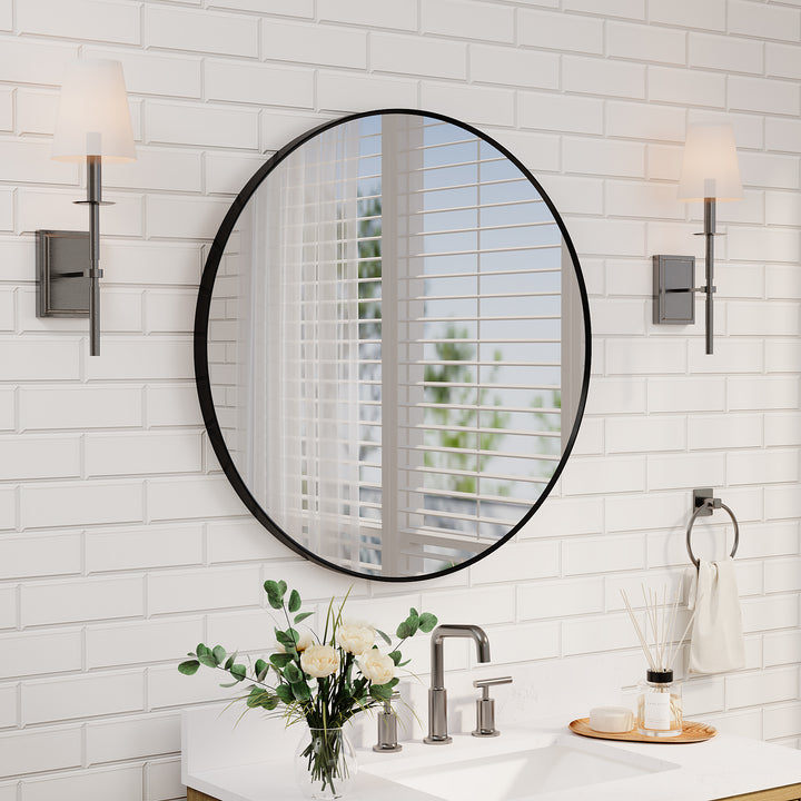 32 in. W x 32 in. H Black Modern Bathroom Mirror Round Framed Aluminum Wall Mirror