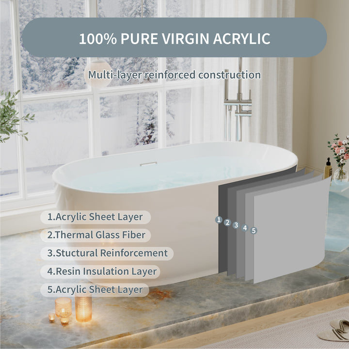 59" Acrylic Freestanding Soaking Bathtub in White with Overflow and Drain