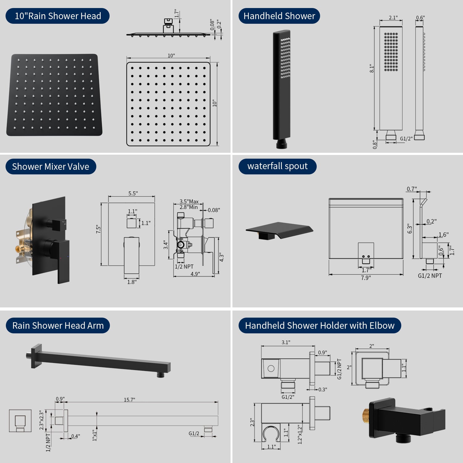 10 Inch Male NPT Shower Faucet Set Waterfall Shower System with Rain Shower Head