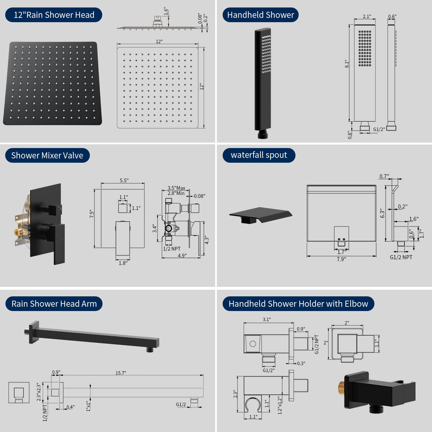 Male NPT Matte Black Shower System with 12 Inch Rain Shower Head