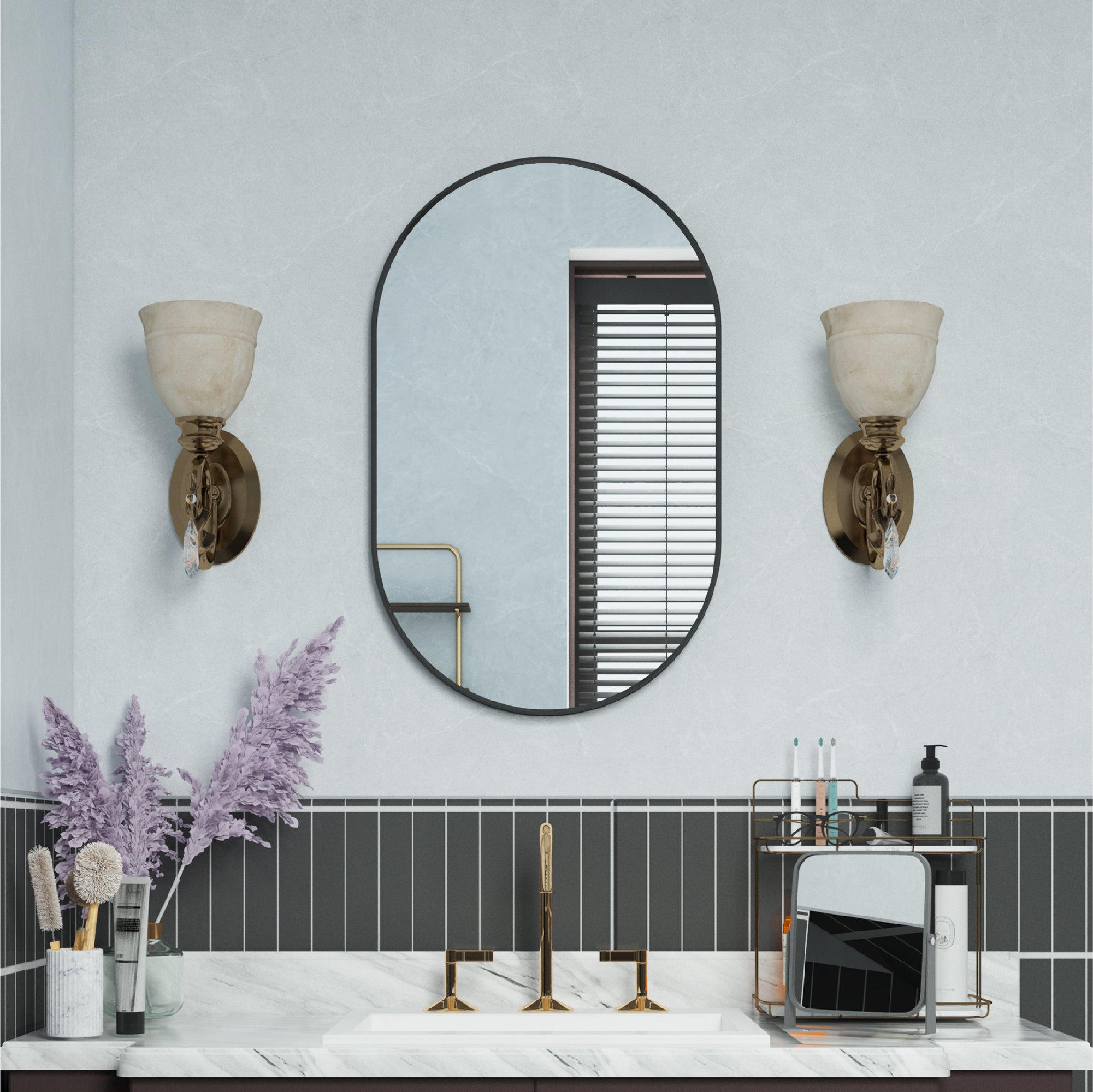 20 in. W x 32 in. H Oval Framed Wall Mount Bathroom Vanity Mirror in Matte Black