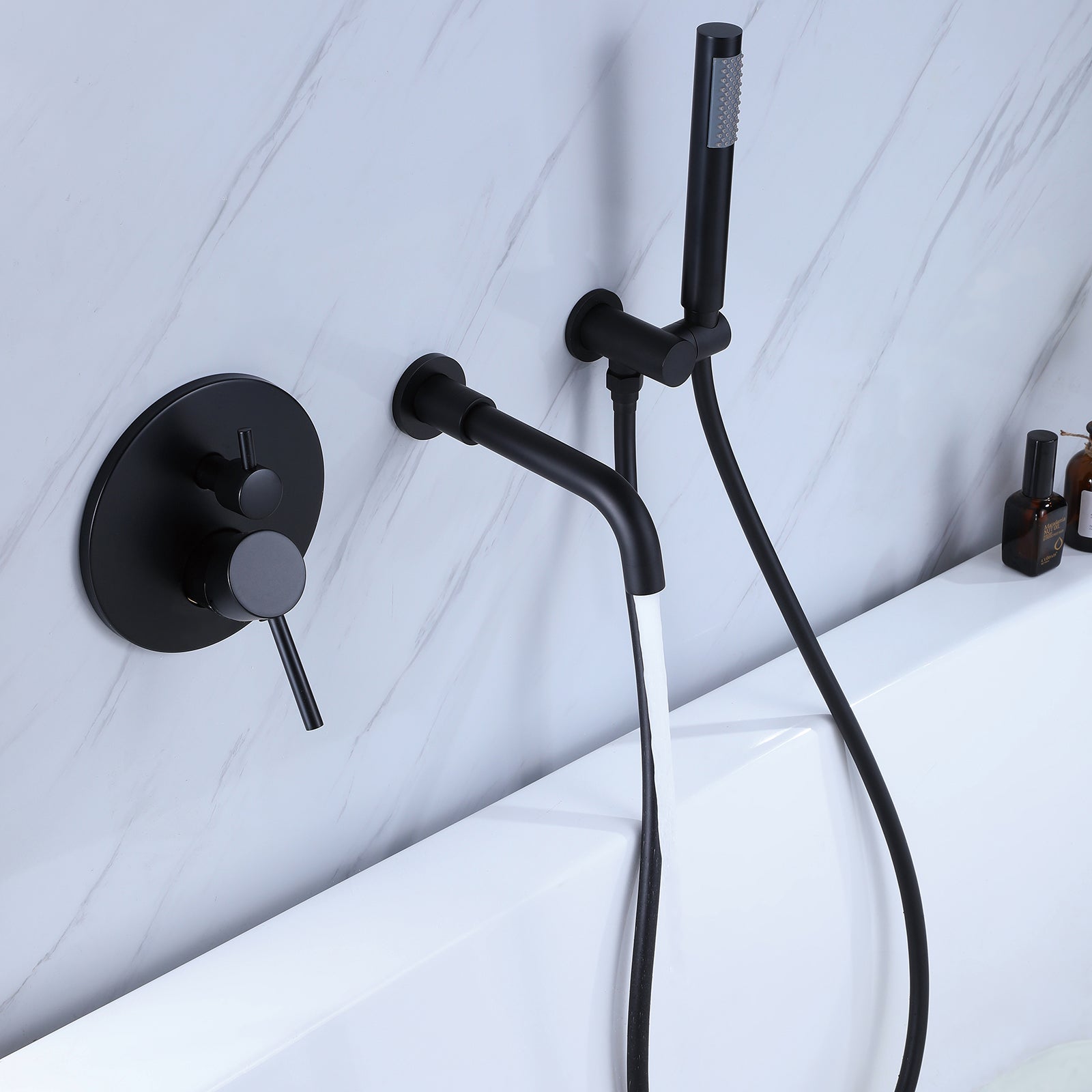 Round Matte Black Three-hole Double Handle Concealed Bathtub Faucet with Valve