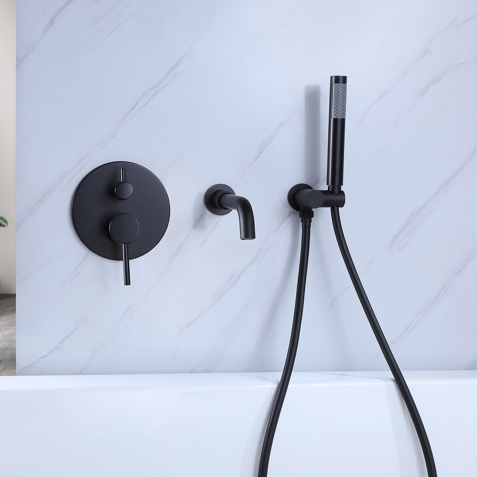 Round Matte Black Three-hole Double Handle Concealed Bathtub Faucet with Valve