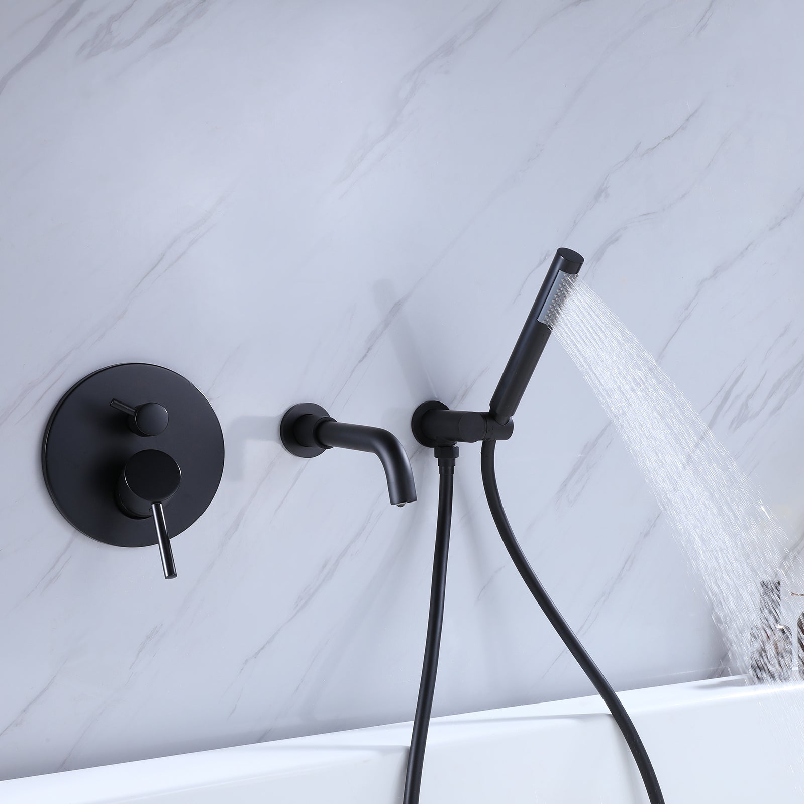 Round Matte Black Three-hole Double Handle Concealed Bathtub Faucet with Valve