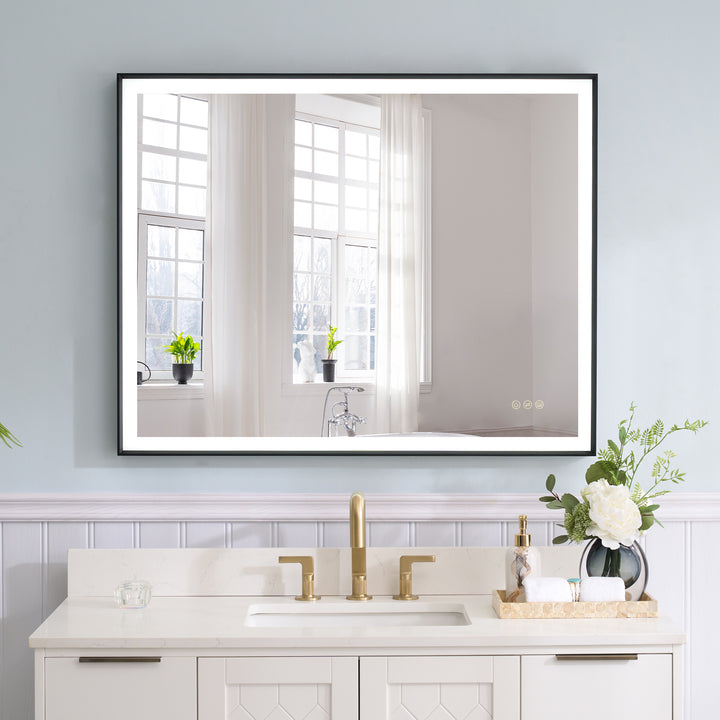 40 in. W x 32 in. H Rectangular Aluminum Framed LED Wall Mount Anti-Fog Modern Decorative Bathroom Vanity Mirror in Matte Black