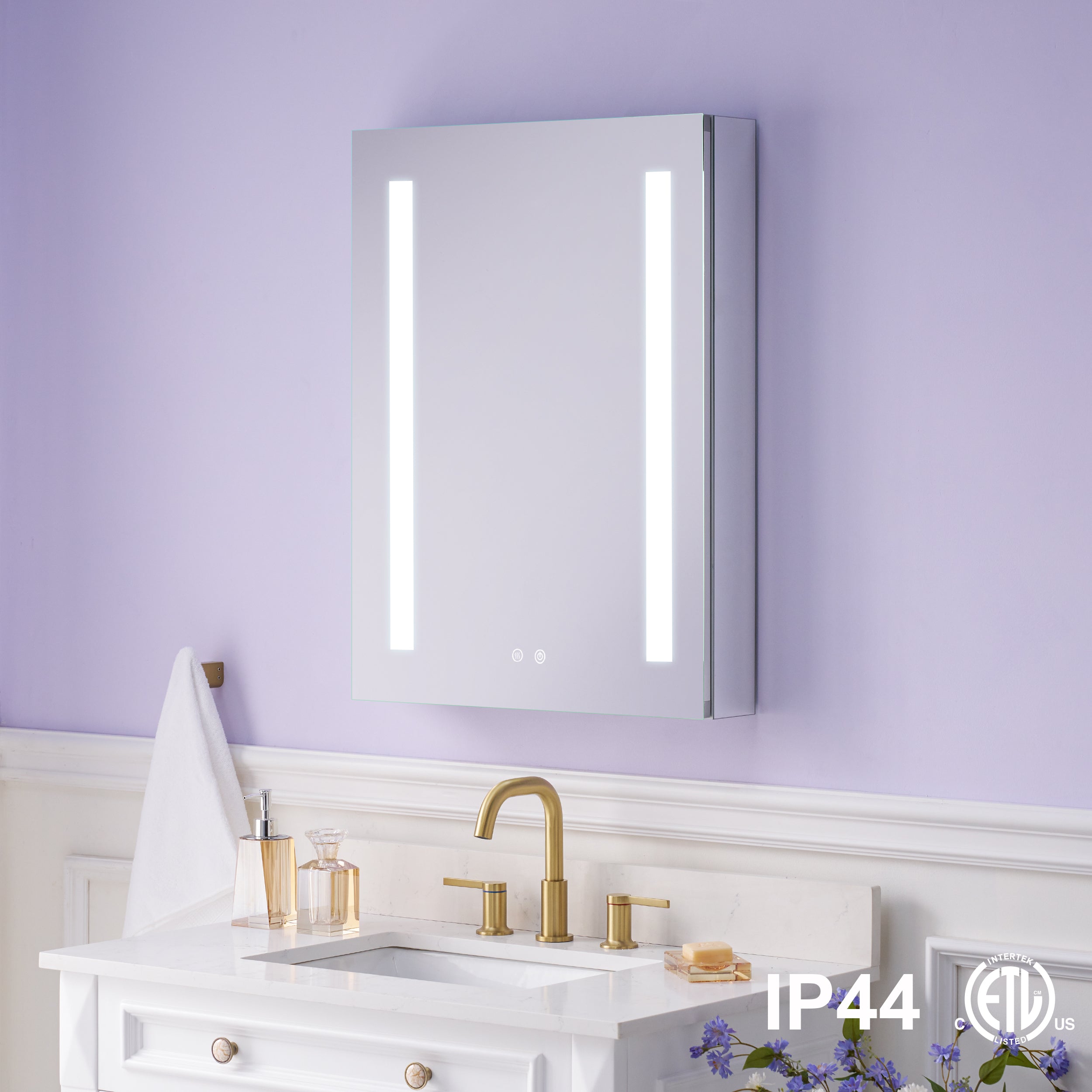 24 in. x 30 in. LED Lighted Surface/Recessed Mount Mirror Medicine Cabinet with Outlet left Side