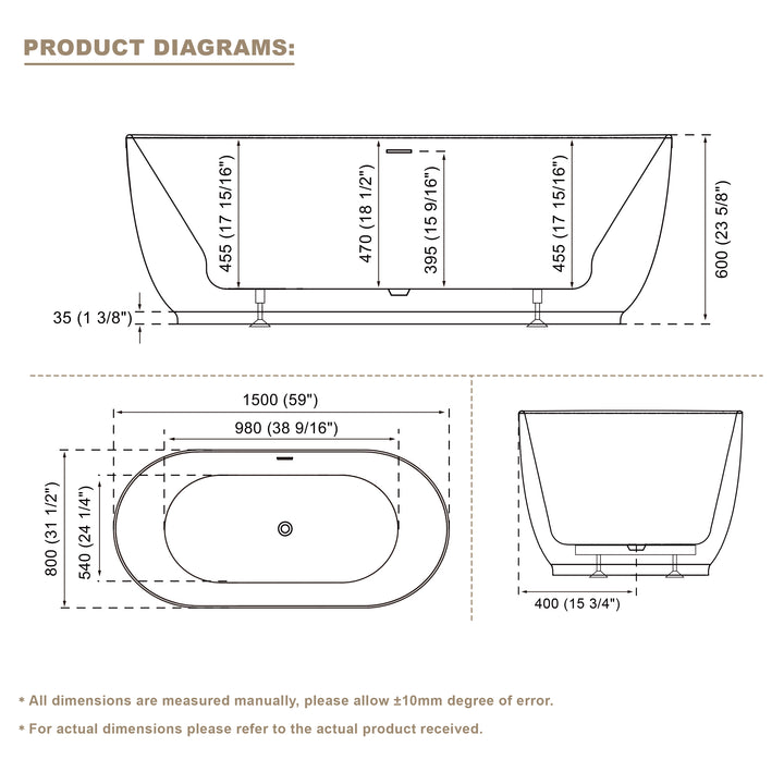 59" Acrylic Freestanding Soaking Bathtub in White with Overflow and Drain