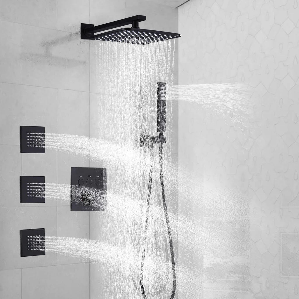 10 inch Thermostatic Rainfall Shower System With 3 PCS Body Jets Mixer Set