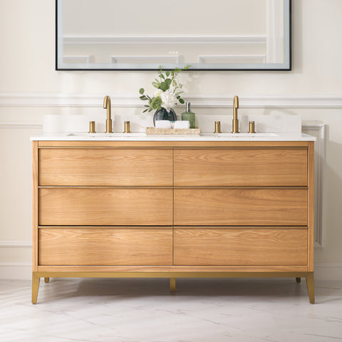 60 in. Bathroom Vanity in Light Oak with Carrara White Quartz Vanity Top