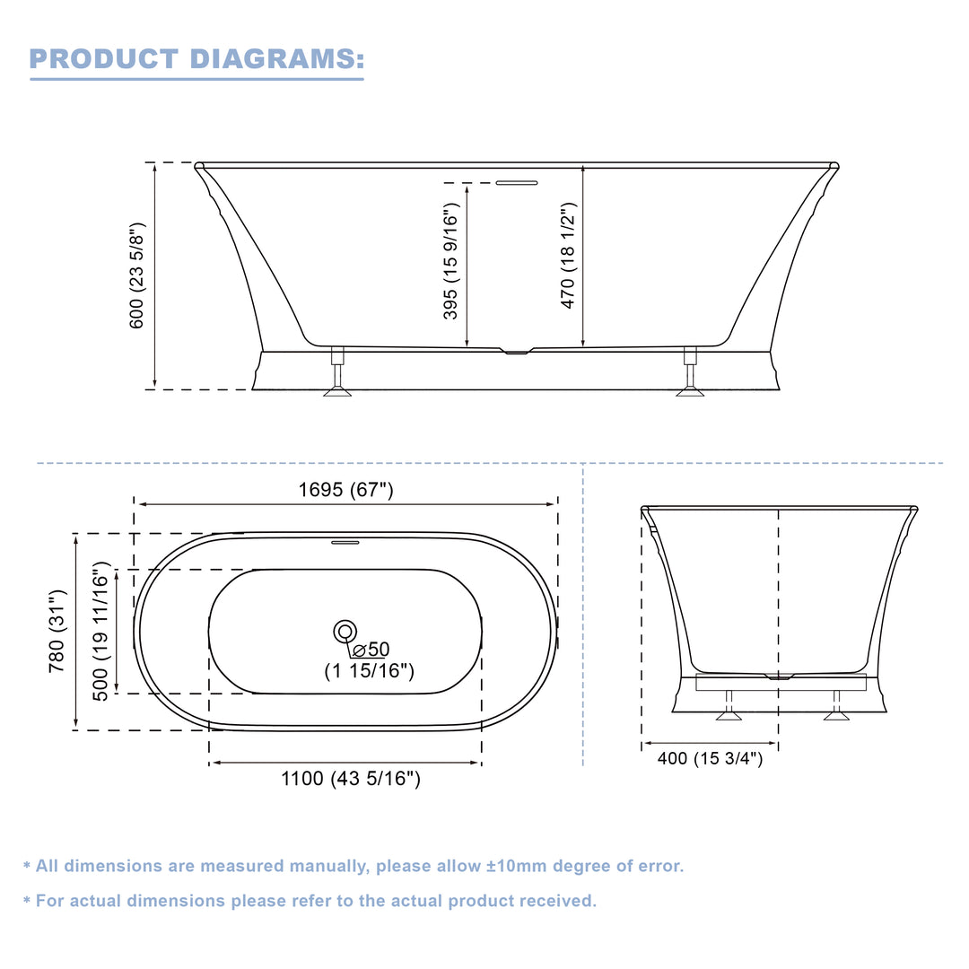 67" Acrylic Freestanding Soaking Bathtub in White with Overflow and Drain