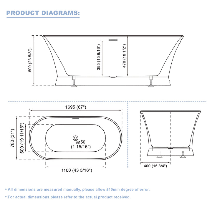 67" Acrylic Freestanding Soaking Bathtub in White with Overflow and Drain