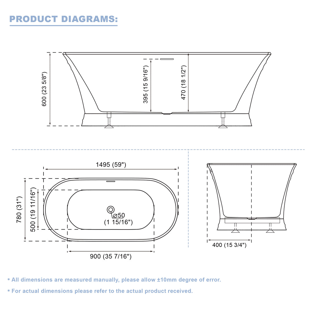 59" Acrylic Freestanding Soaking Bathtub in White with Overflow and Drain