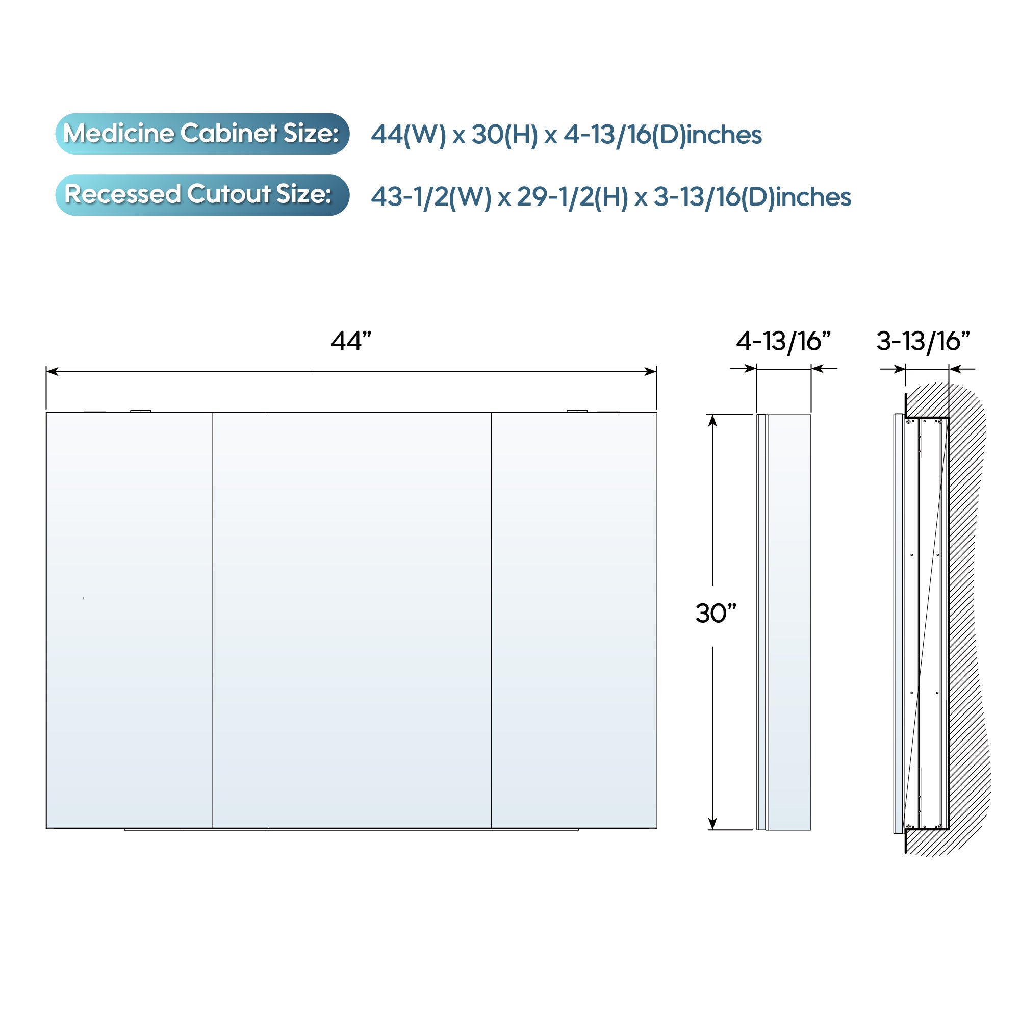 44 in. ×30 in. Copper-Free Tri-Views Mirror Medicine Cabinet with Adjustable Shelves and 3 Doors