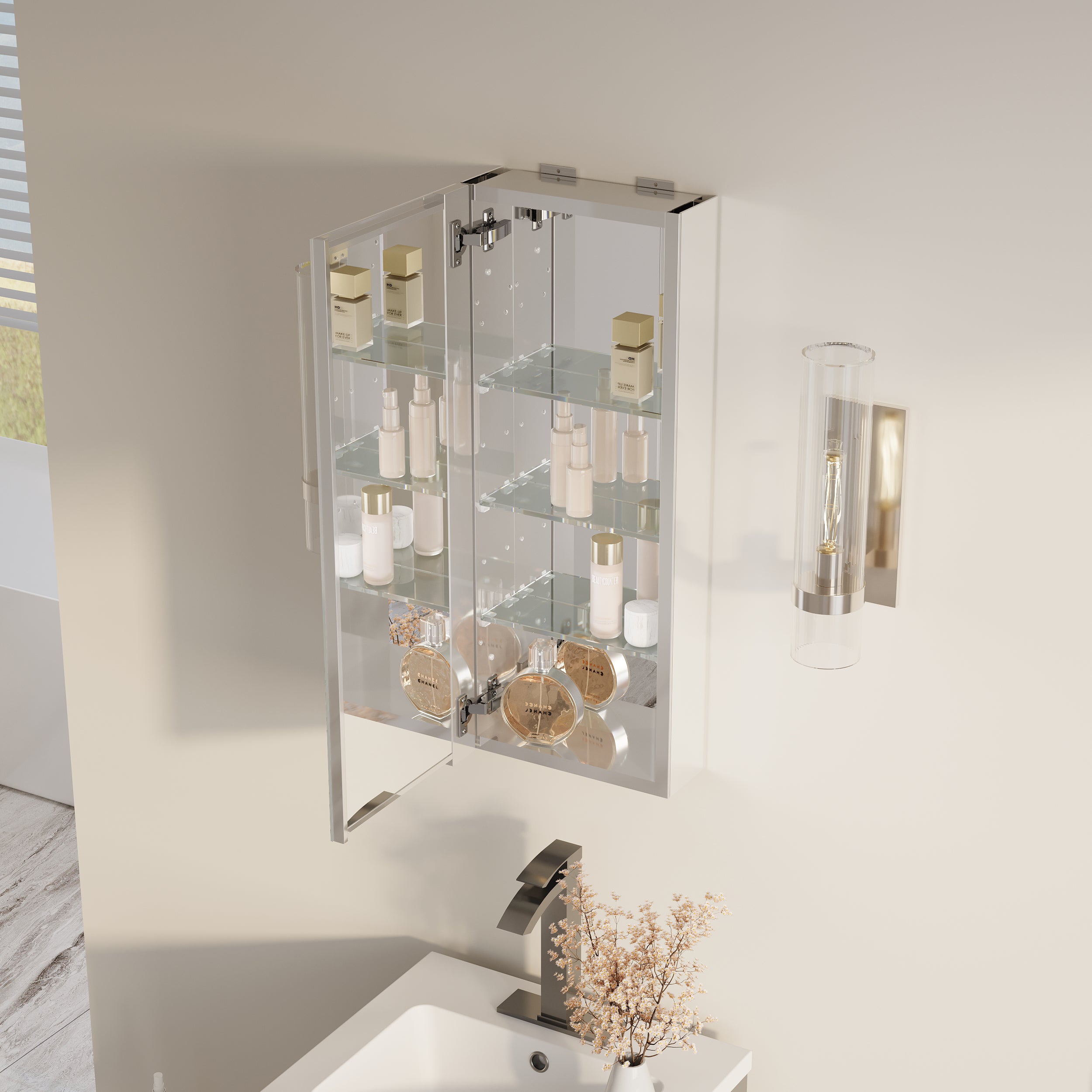 12 in. ×30 in. Copper-Free Tri-Views Mirror Medicine Cabinet with Adjustable Shelves and Left Swing Door