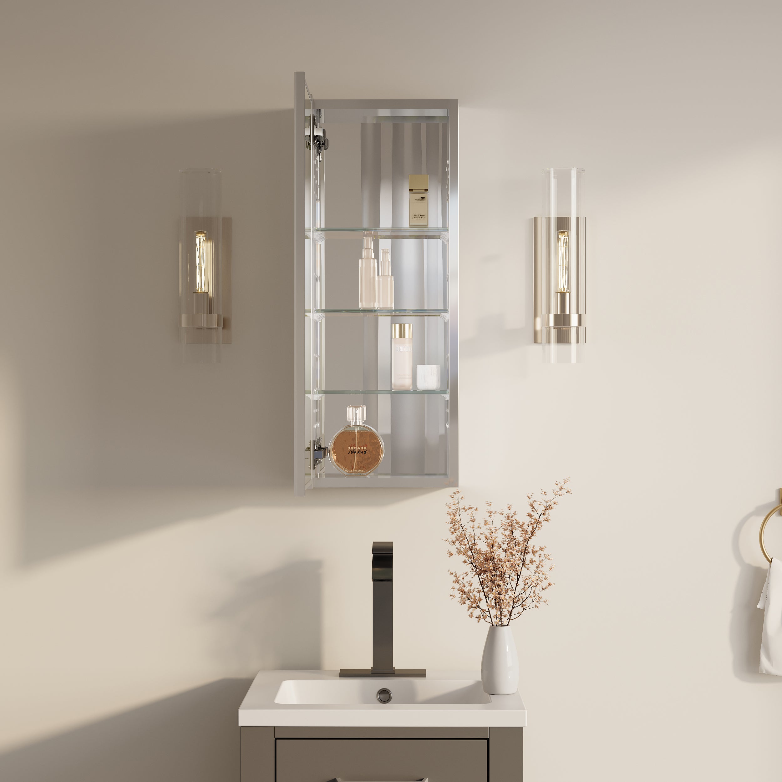 12 in. ×30 in. Copper-Free Tri-Views Mirror Medicine Cabinet with Adjustable Shelves and Left Swing Door