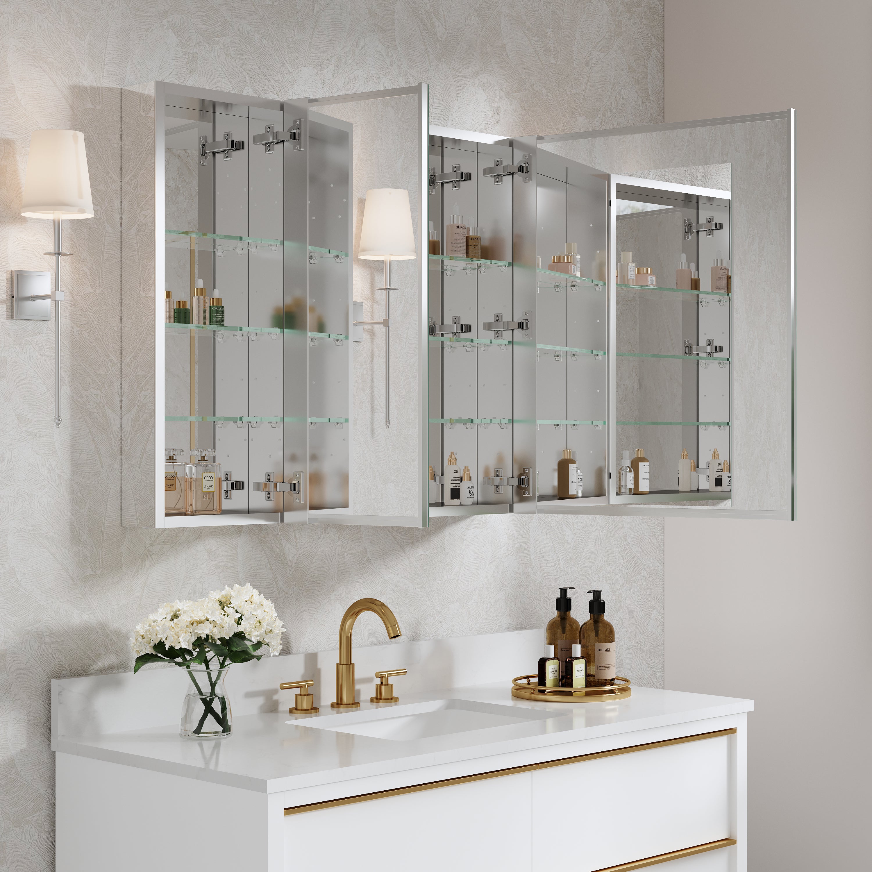 36 in. ×30 in. Copper-Free Tri-Views Mirror Medicine Cabinet with Adjustable Shelves and and Dual Swing Doors