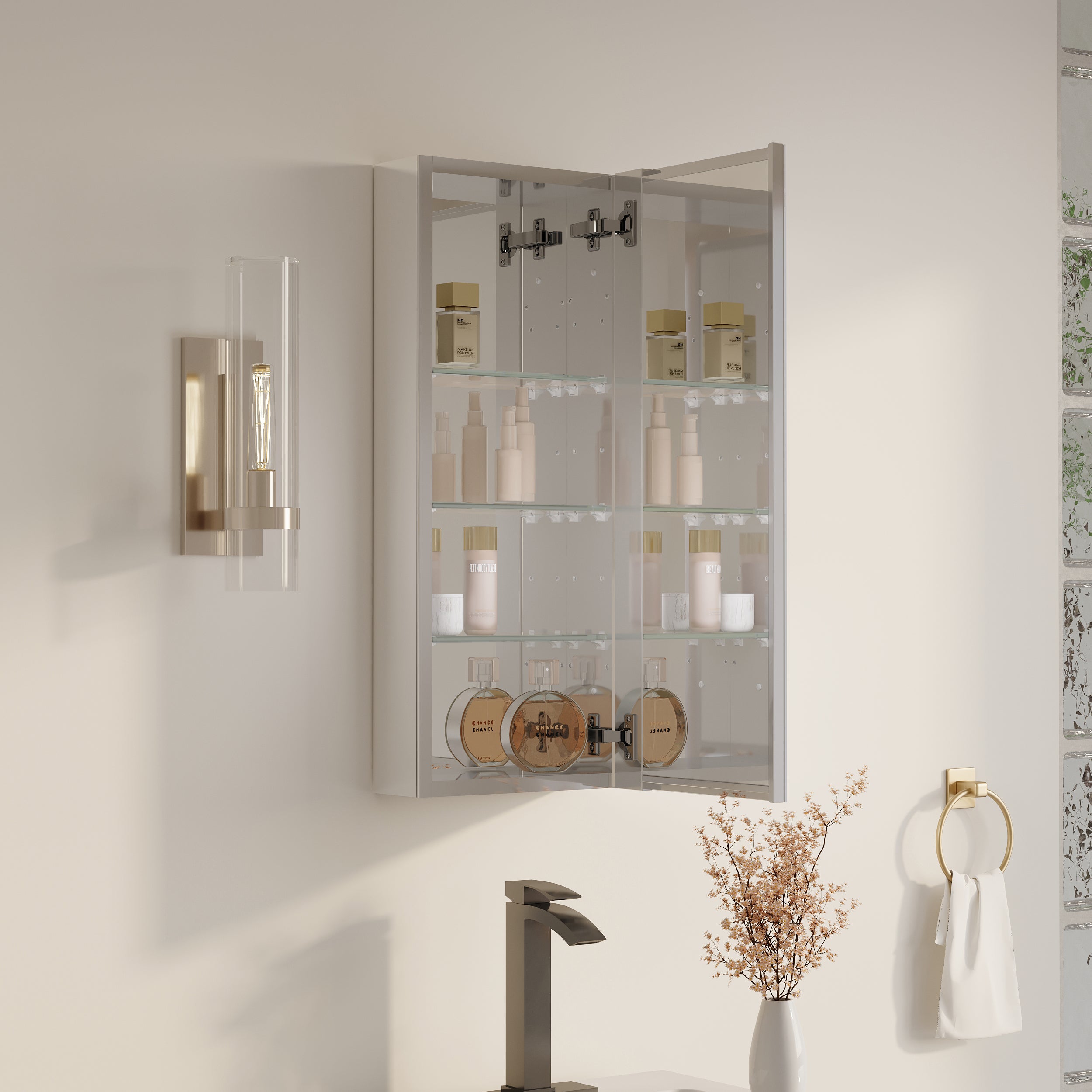 12 in. ×30 in. Copper-Free Tri-Views Mirror Medicine Cabinet with Adjustable Shelves and Right Swing Door