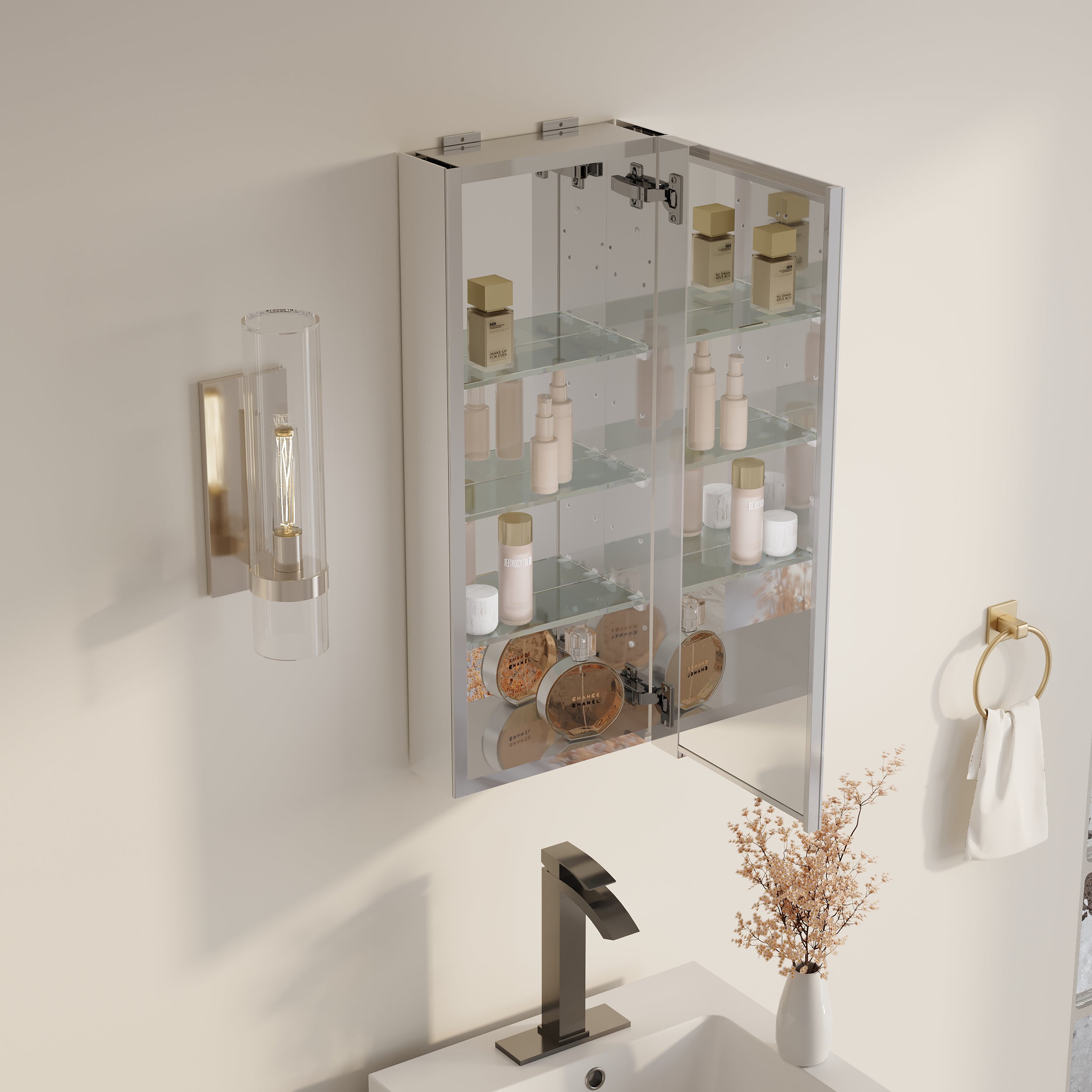 12 in. ×30 in. Copper-Free Tri-Views Mirror Medicine Cabinet with Adjustable Shelves and Right Swing Door