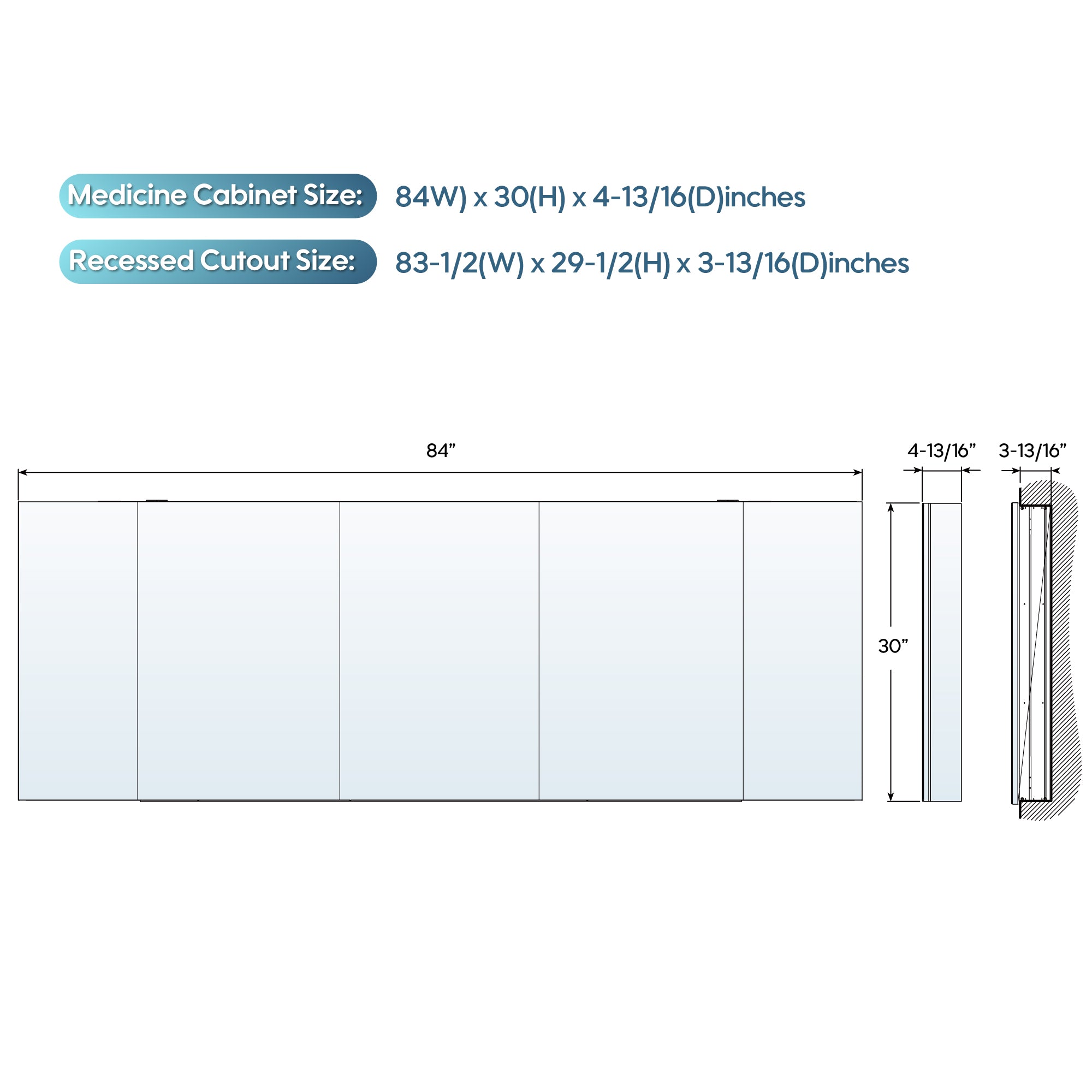 84 in. ×30 in. Copper-Free Tri-Views Mirror Medicine Cabinet with Adjustable Shelves and 5 Doors