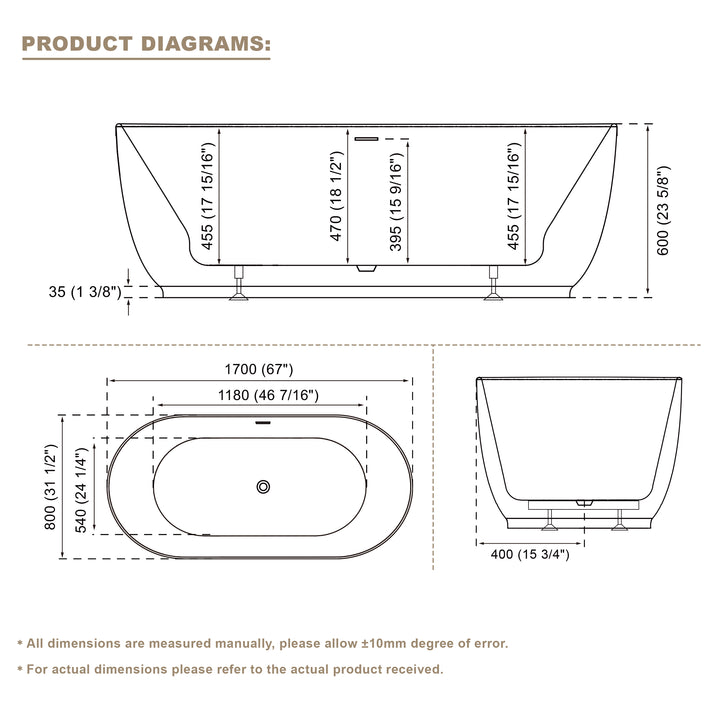 67" Acrylic Freestanding Soaking Bathtub in White with Overflow and Drain