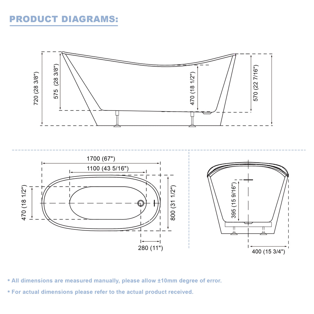 67" Luxury Acrylic Freestanding Flatbottom Whirlpool Bathtub in White