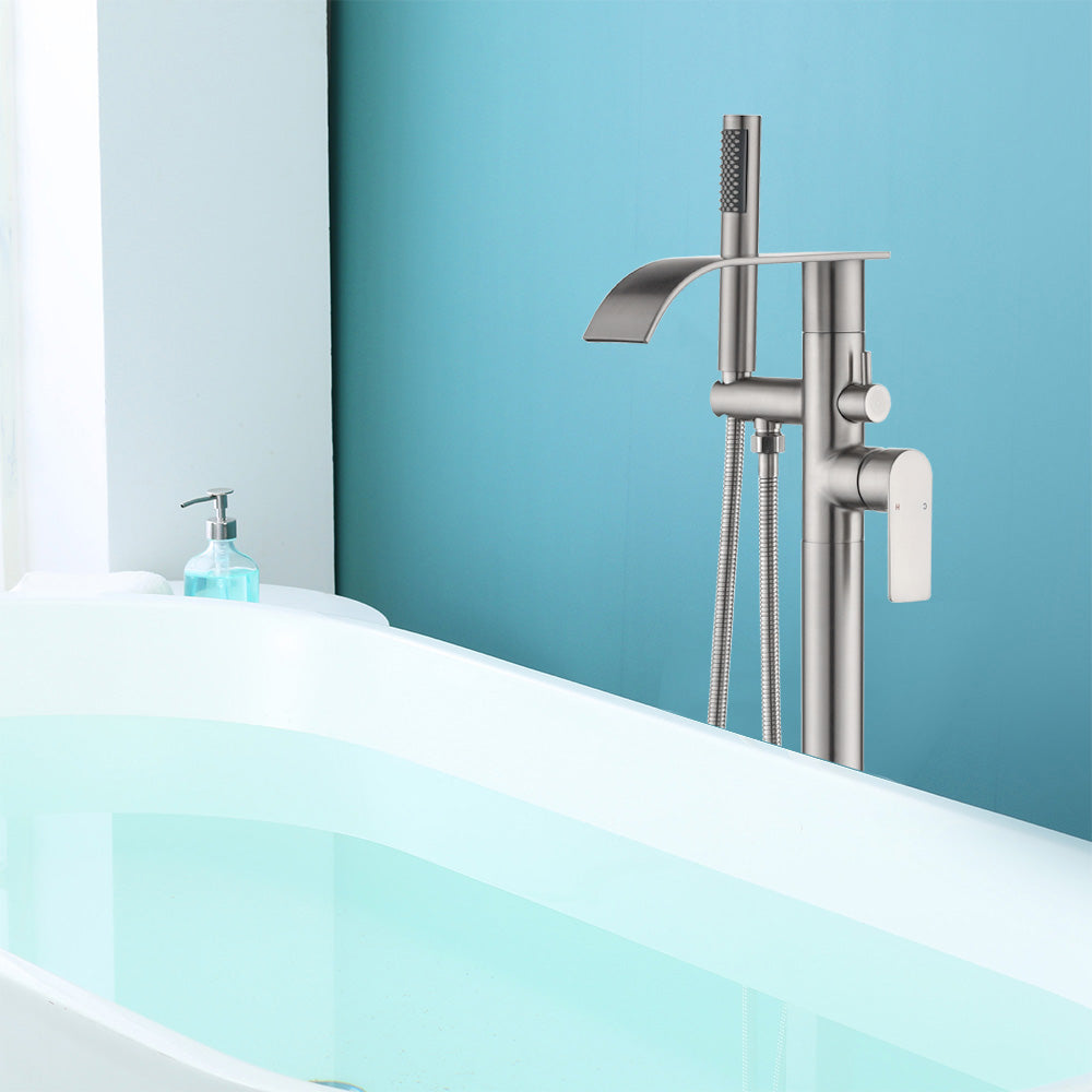 360 Degree Rotating Single Handle Dual Control Brushed Nickel Floor Standing Free Standing Bathtub Faucet