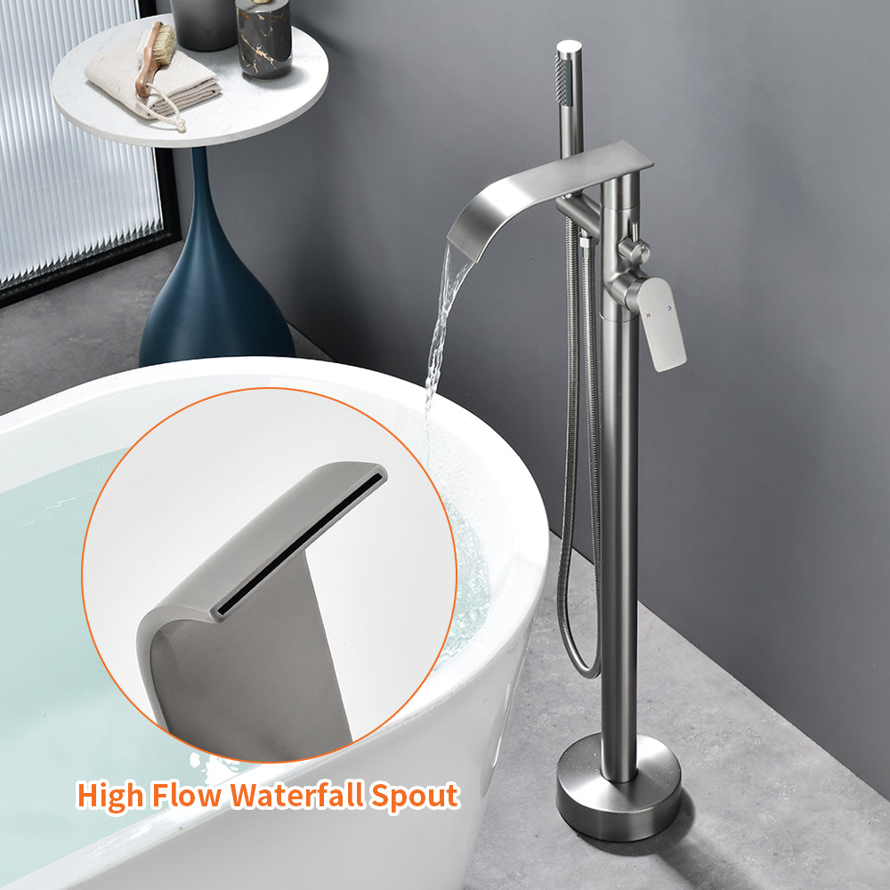 360 Degree Rotating Single Handle Dual Control Brushed Nickel Floor Standing Free Standing Bathtub Faucet